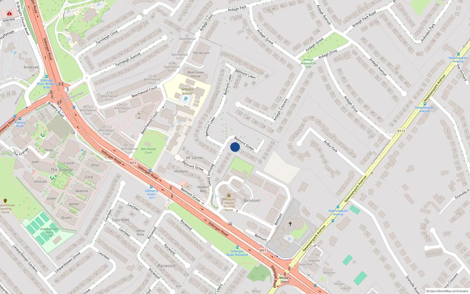 Overhead map showing the location of 11 Belmont Green, Dublin