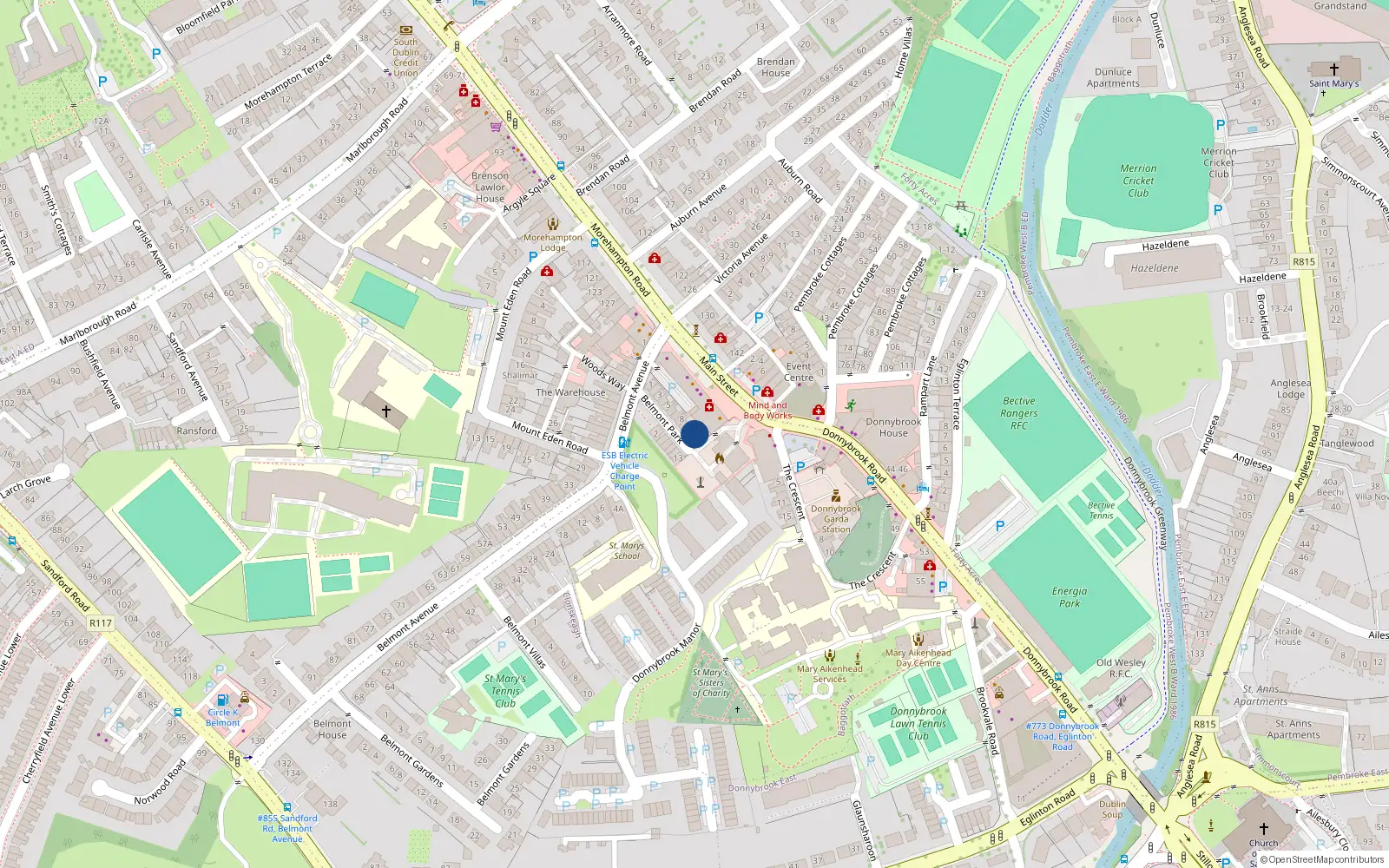 Overhead map showing the location of 11 Belmont Park, Donnybrook