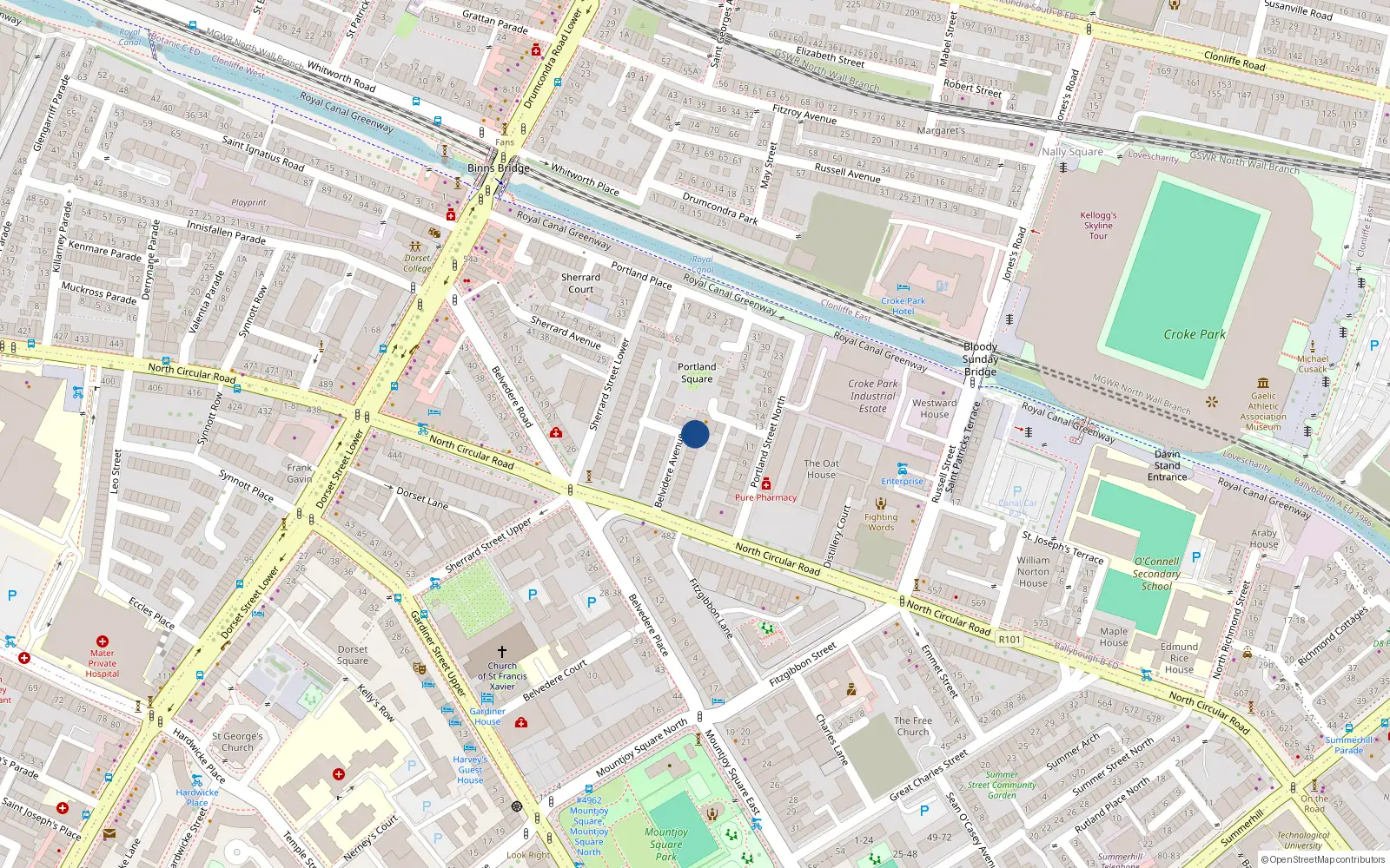 Overhead map showing the location of 11 Belvedere Avenue, North Circular Road, Dublin 1