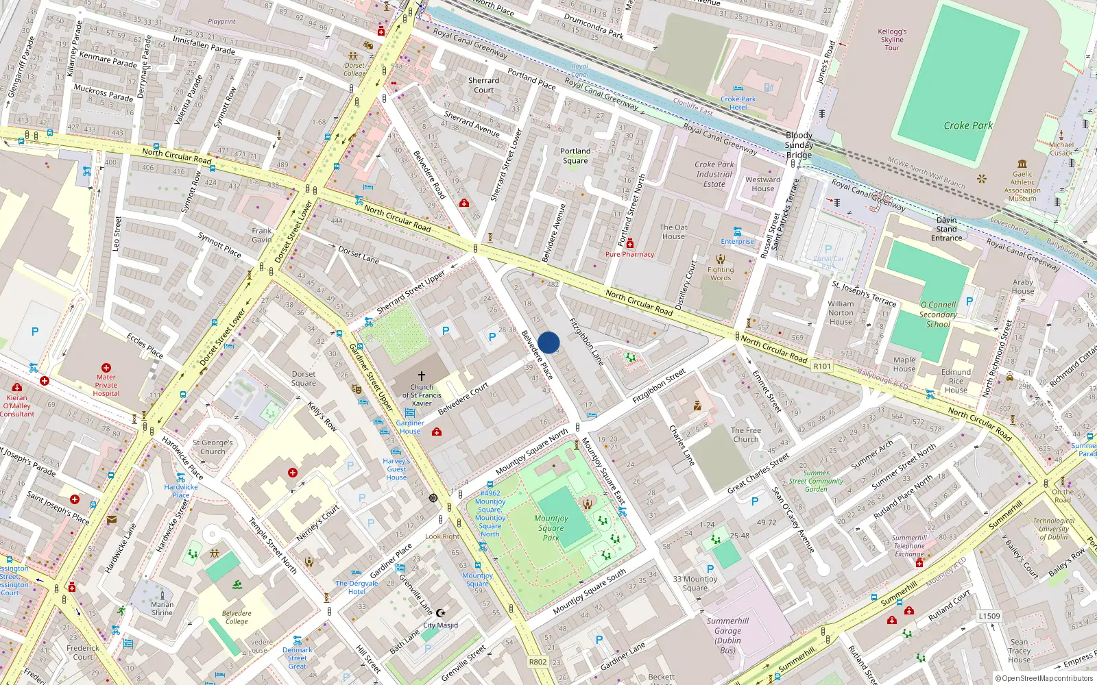 Overhead map showing the location of 11 Belvedere Place, Dublin 1