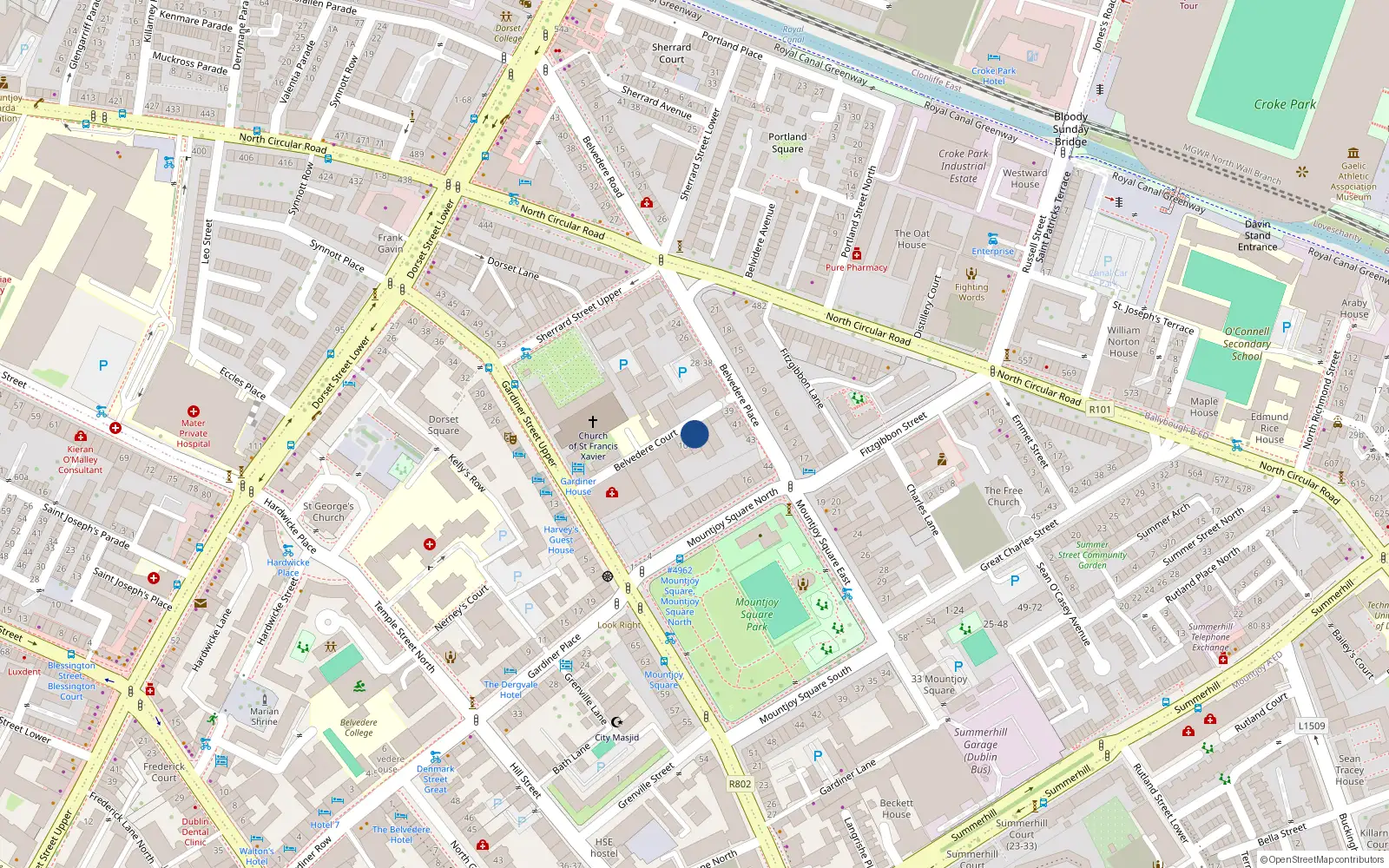 Overhead map showing the location of 11 Belvidere Court, Mountjoy Square West, Dublin