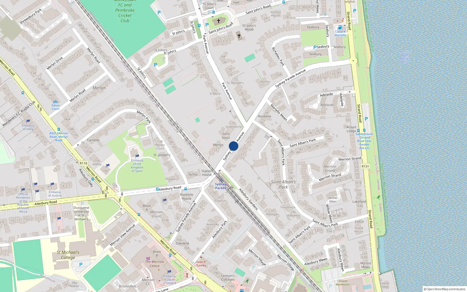 Overhead map showing the location of 11 Block A, Sydney Parade Avenue, Sandymount