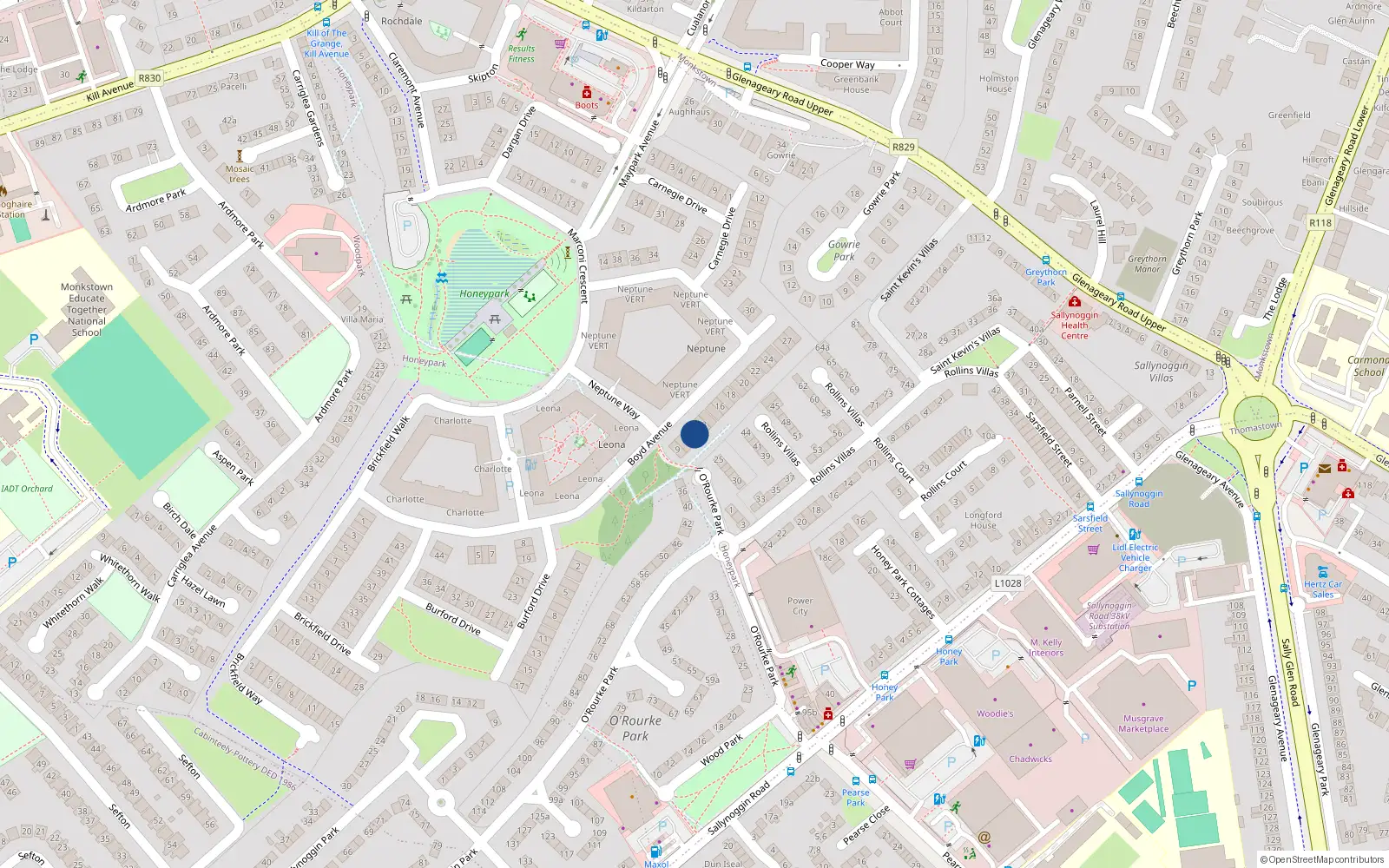 Overhead map showing the location of 11 Boyd Avenue, Dun Laoghaire