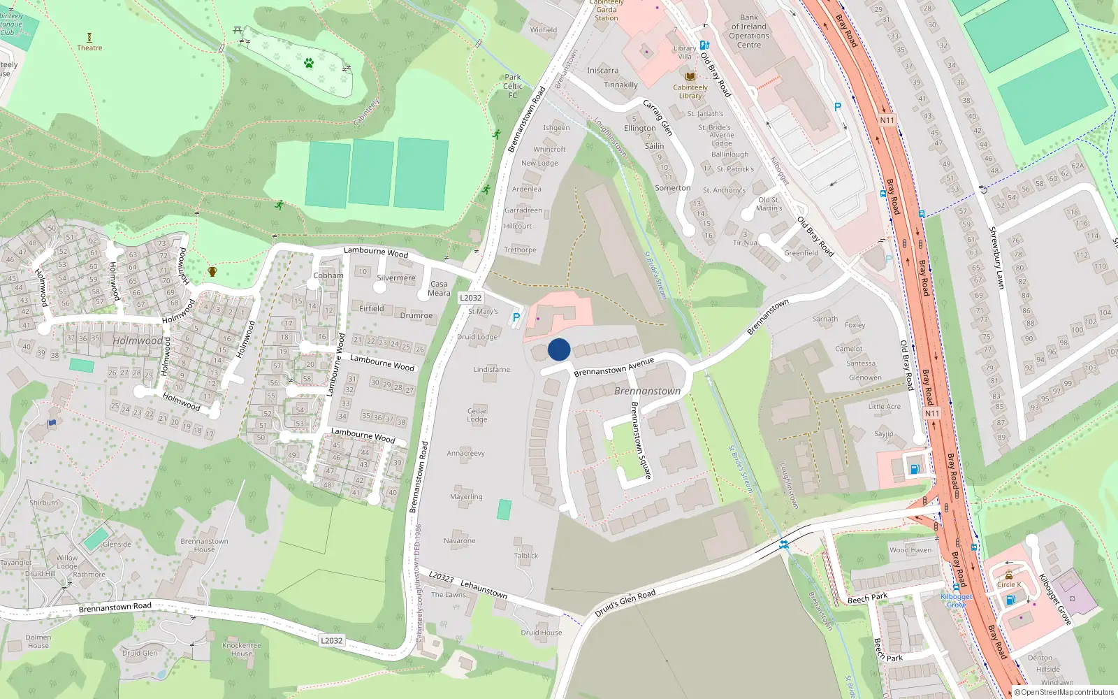 Overhead map showing the location of 11 Brennanstown Avenue, Cabinteely