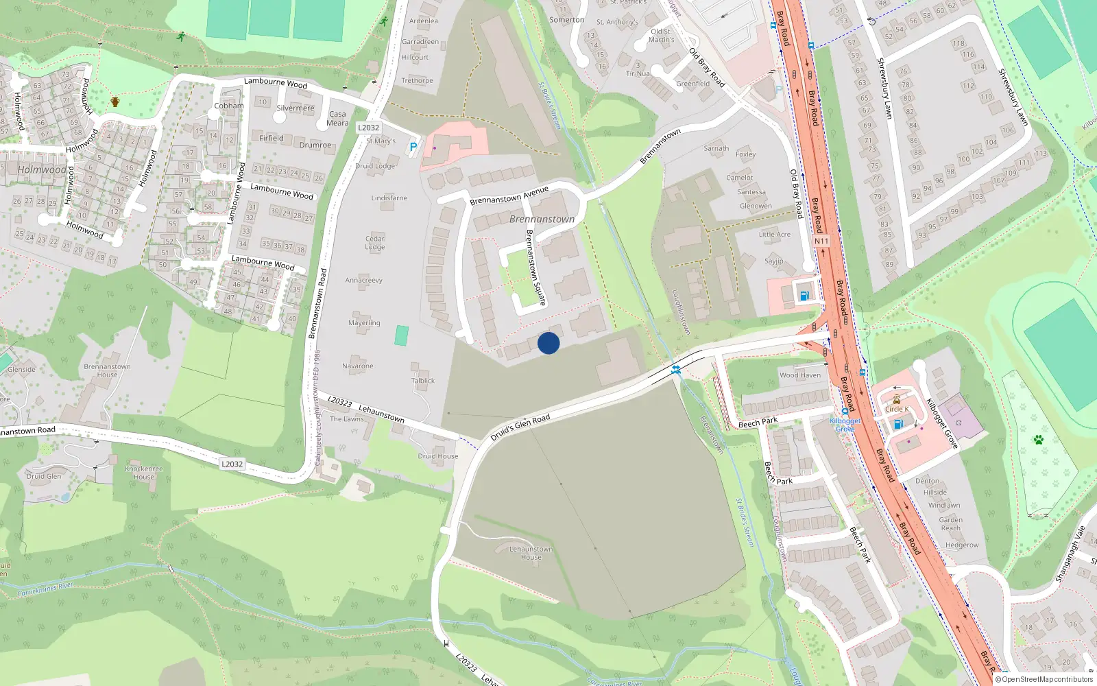 Overhead map showing the location of 11 Brennanstown Square, Cabinteely