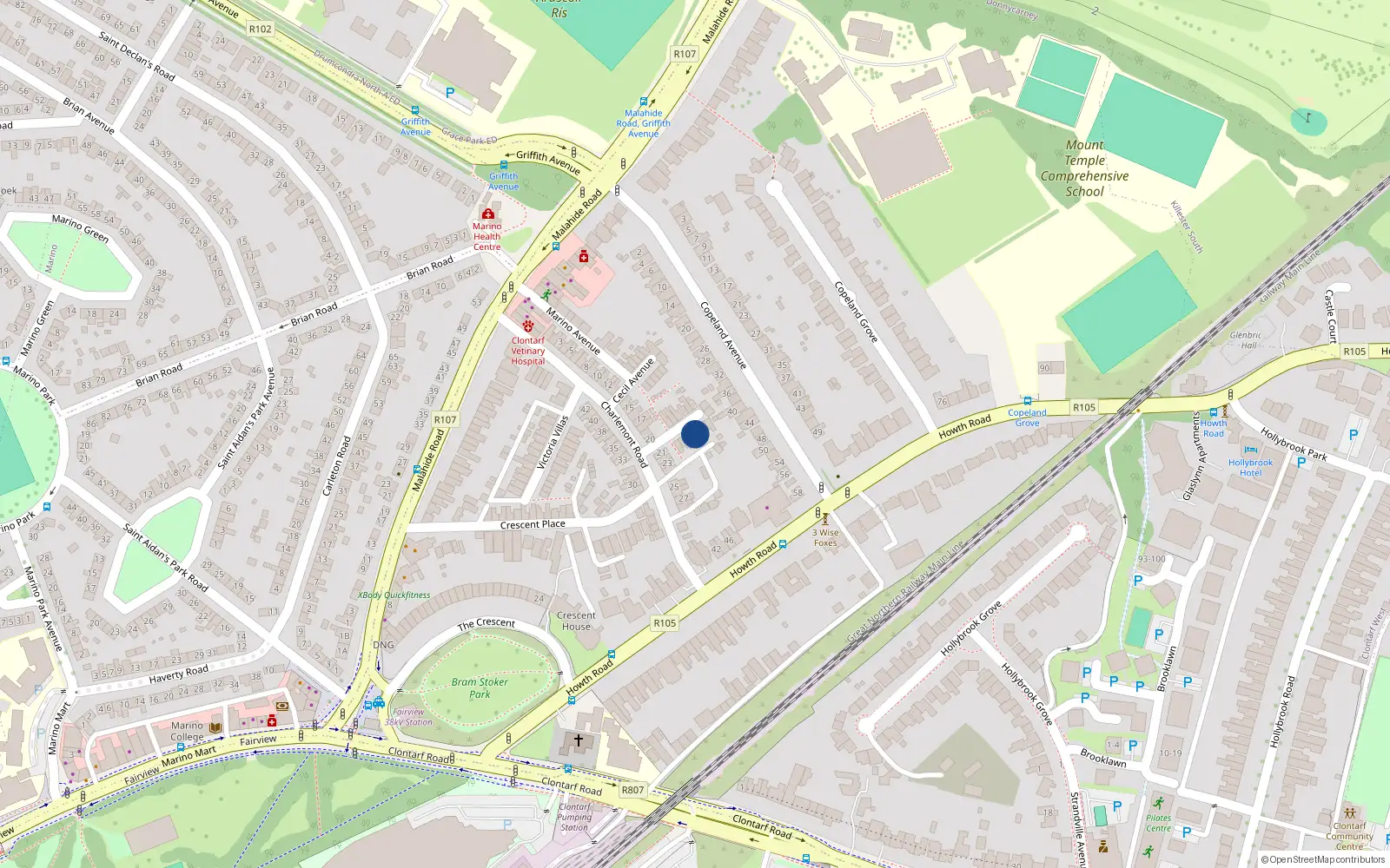 Overhead map showing the location of 11 Brighton Avenue, Clontarf, Dublin 3