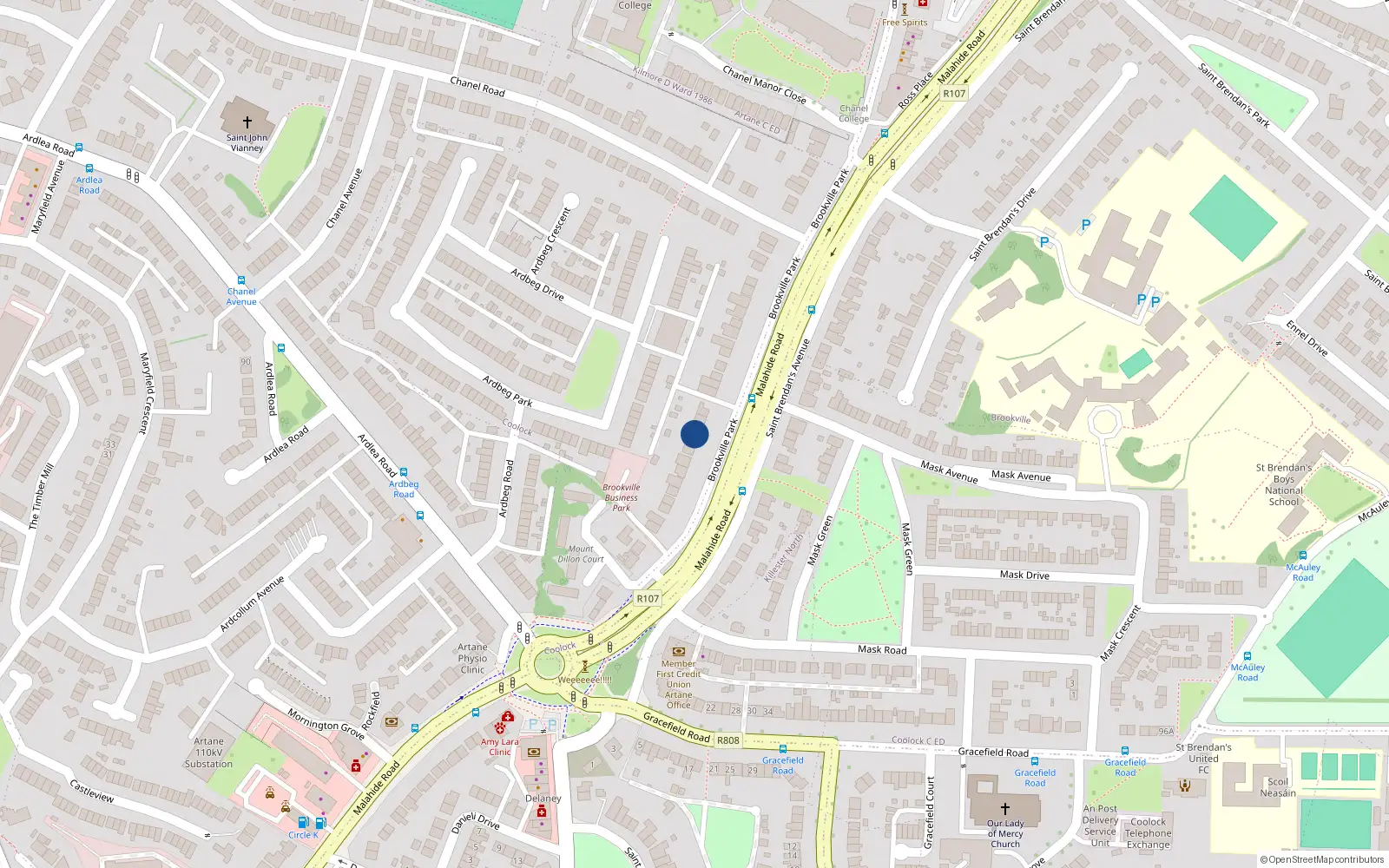 Overhead map showing the location of 11 Brookville Park, Malahide Road, Artane