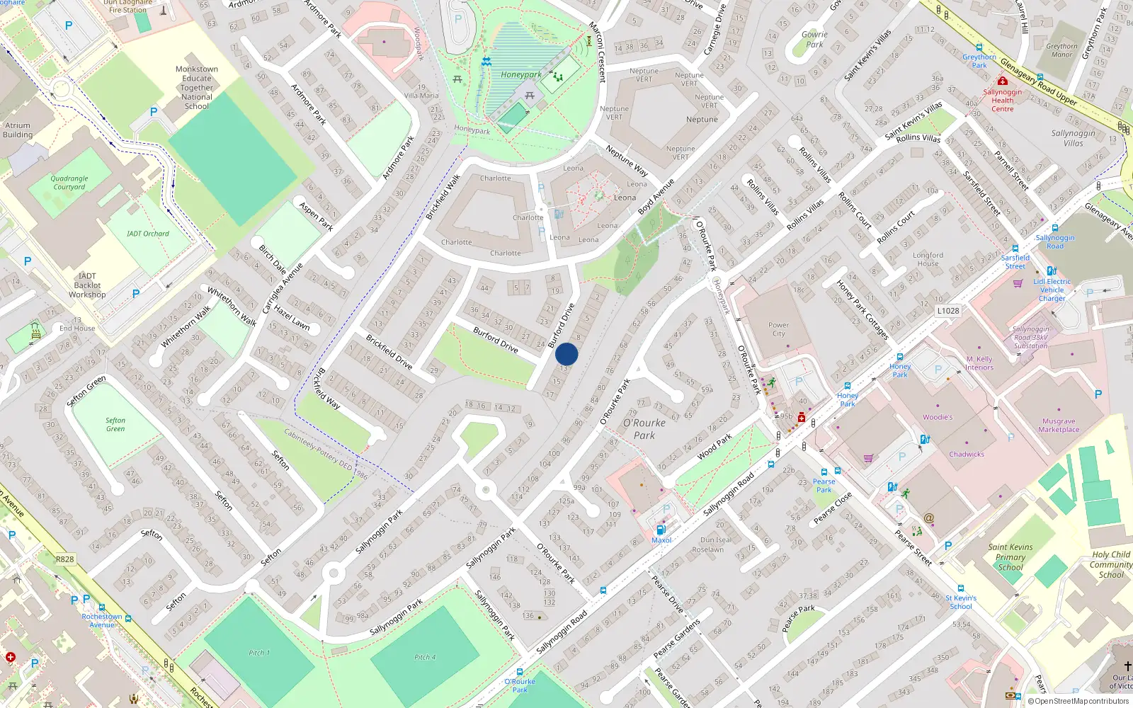 Overhead map showing the location of 11 Burford Drive, Honeypark, Dun Laoghaire