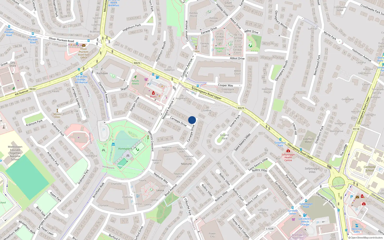 Overhead map showing the location of 11 Carnegie Drive, Dun Laoghaire