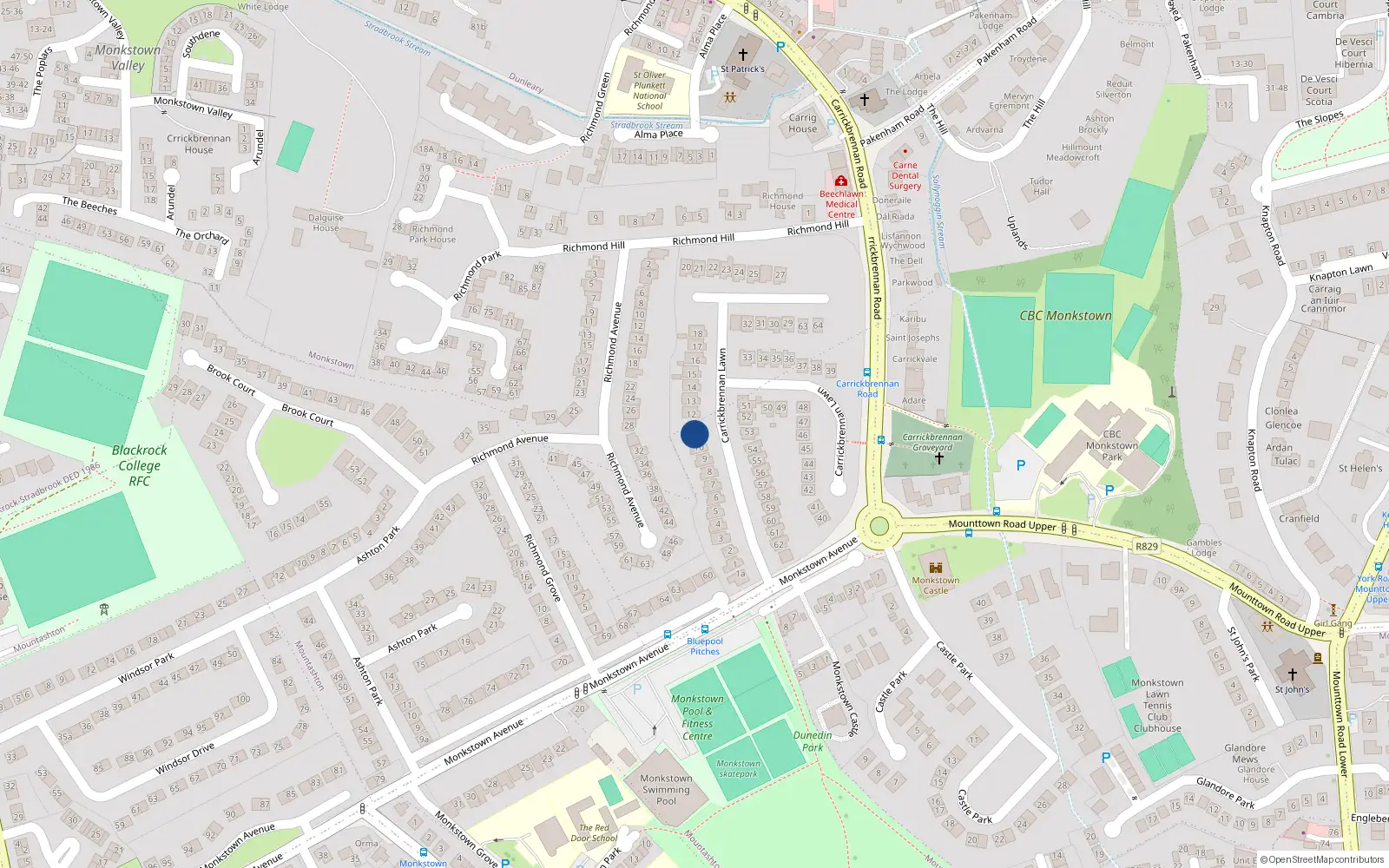 Overhead map showing the location of 11 Carrickbrennan Lawn, Monkstown