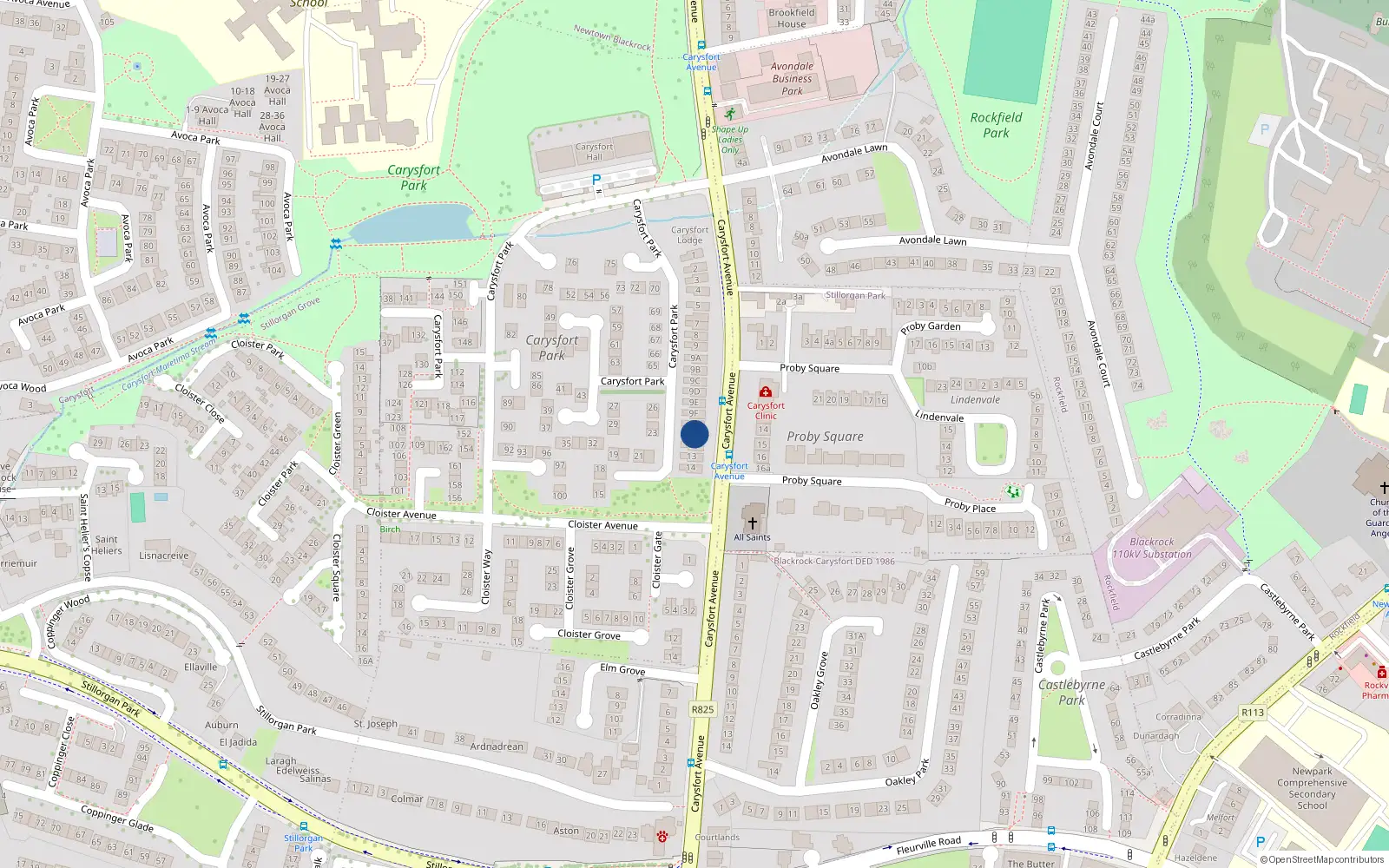 Overhead map showing the location of 11 Carysfort Park, Blackrock