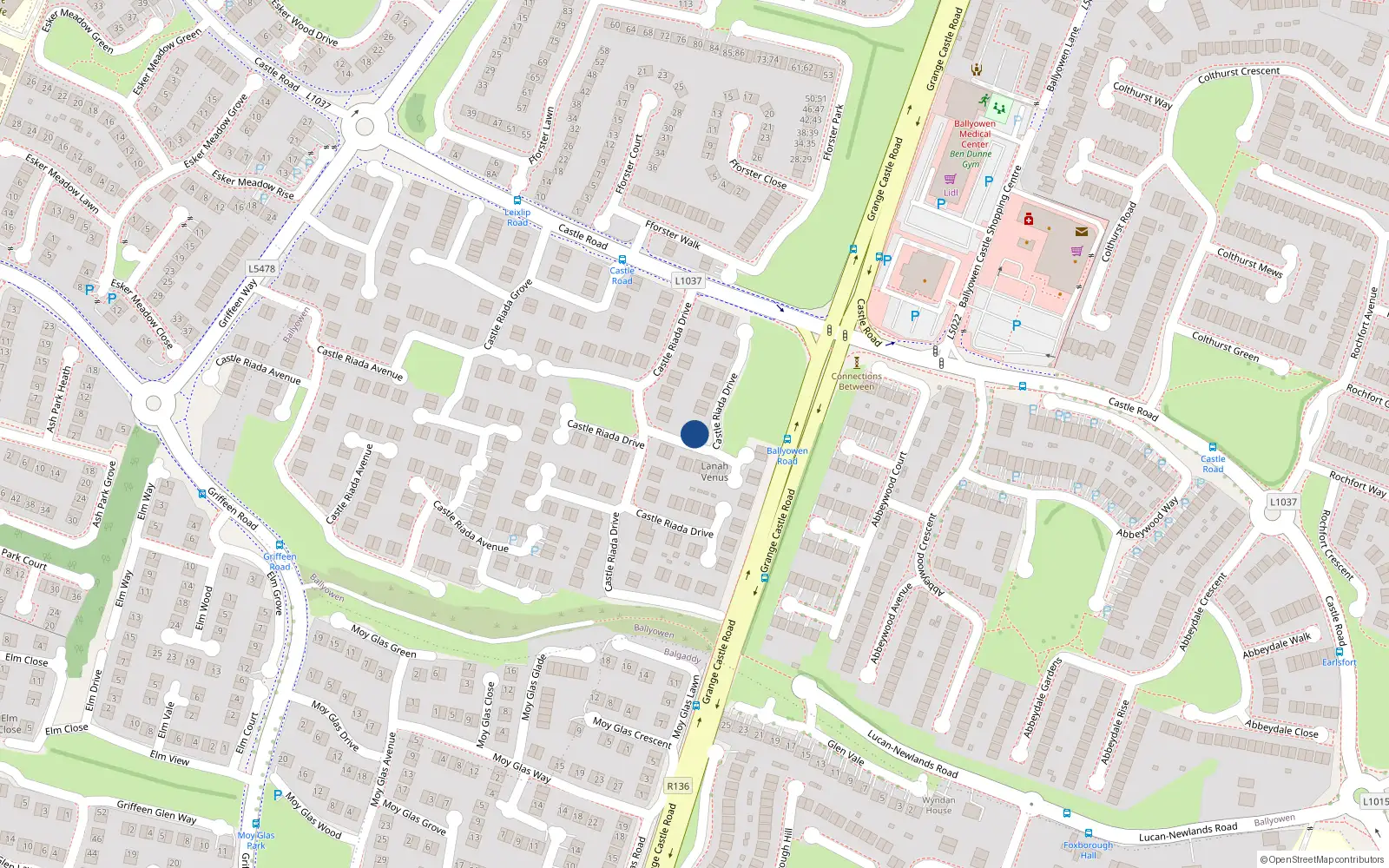 Overhead map showing the location of 11 Castle Riada Drive, Lucan