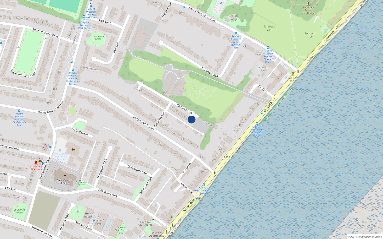 Overhead map showing the location of 11 Castle Vernon, Dollymount Avenue, Clontarf