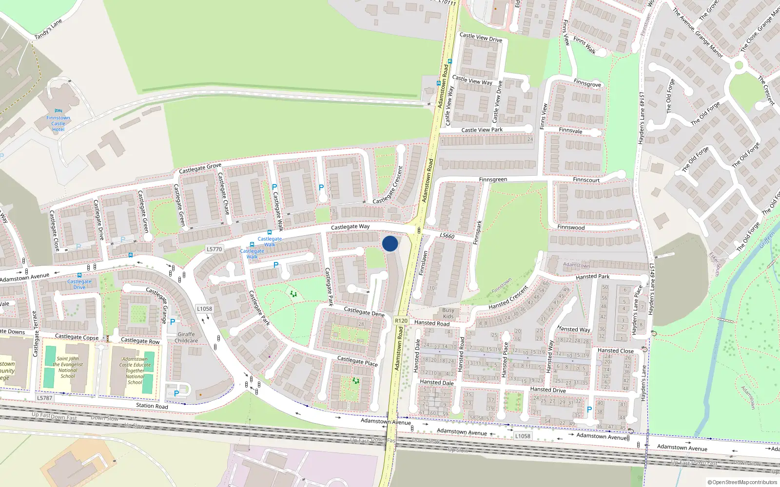 Overhead map showing the location of 11 Castlegate Way, Adamstown, Lucan