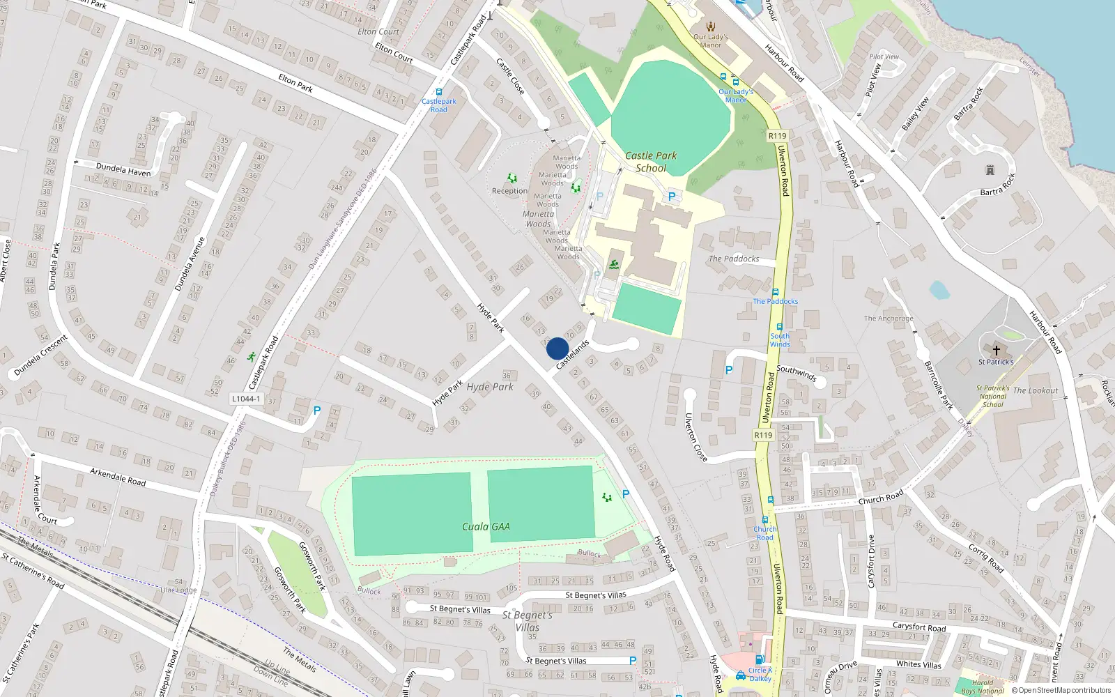 Overhead map showing the location of 11 Castlelands, Dalkey