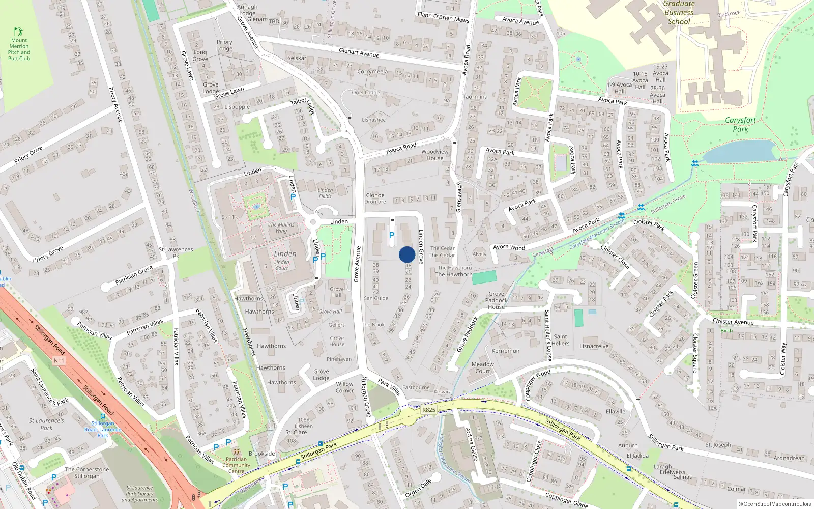 Overhead map showing the location of 11 Cedar Square, Blackrock