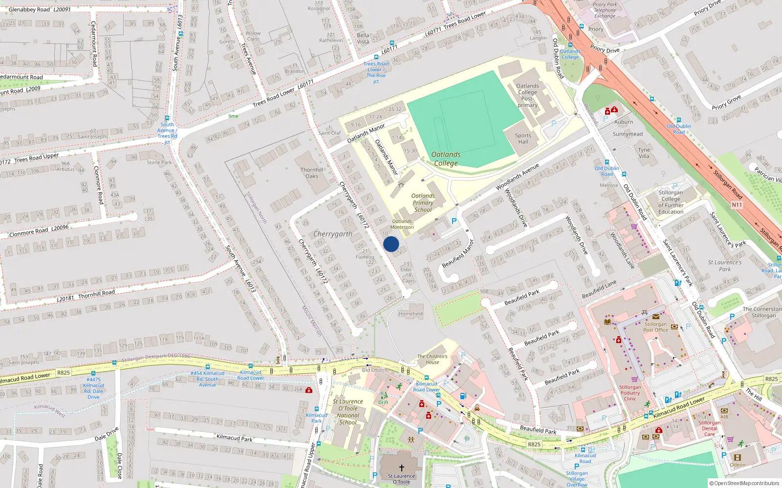Overhead map showing the location of 11 Cherry Garth, Mount Merrion, Dublin