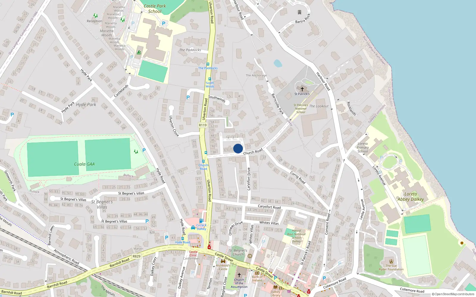 Overhead map showing the location of 11 Church Road, Dalkey