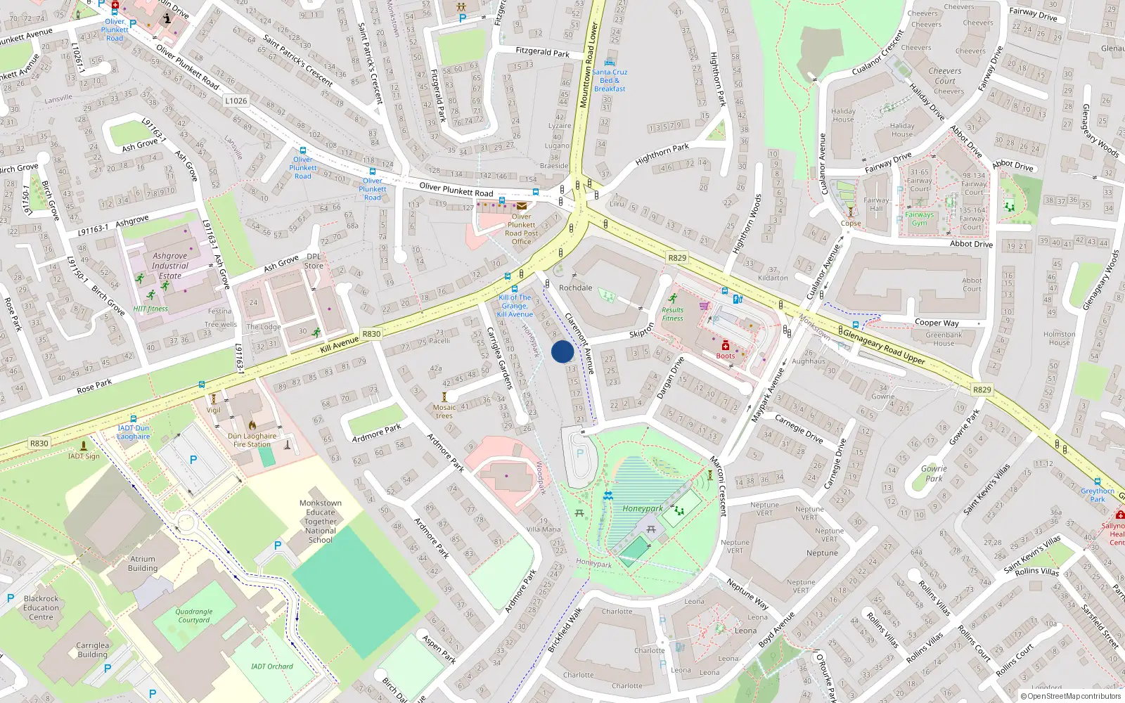 Overhead map showing the location of 11 Claremont Avenue, Dun Laoghaire