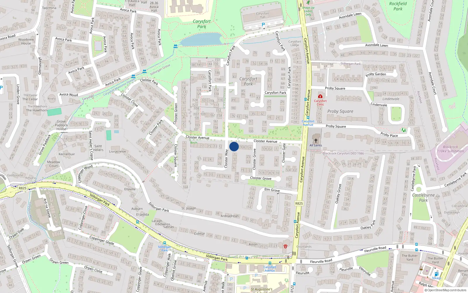 Overhead map showing the location of 11 Cloister Avenue, Blackrock