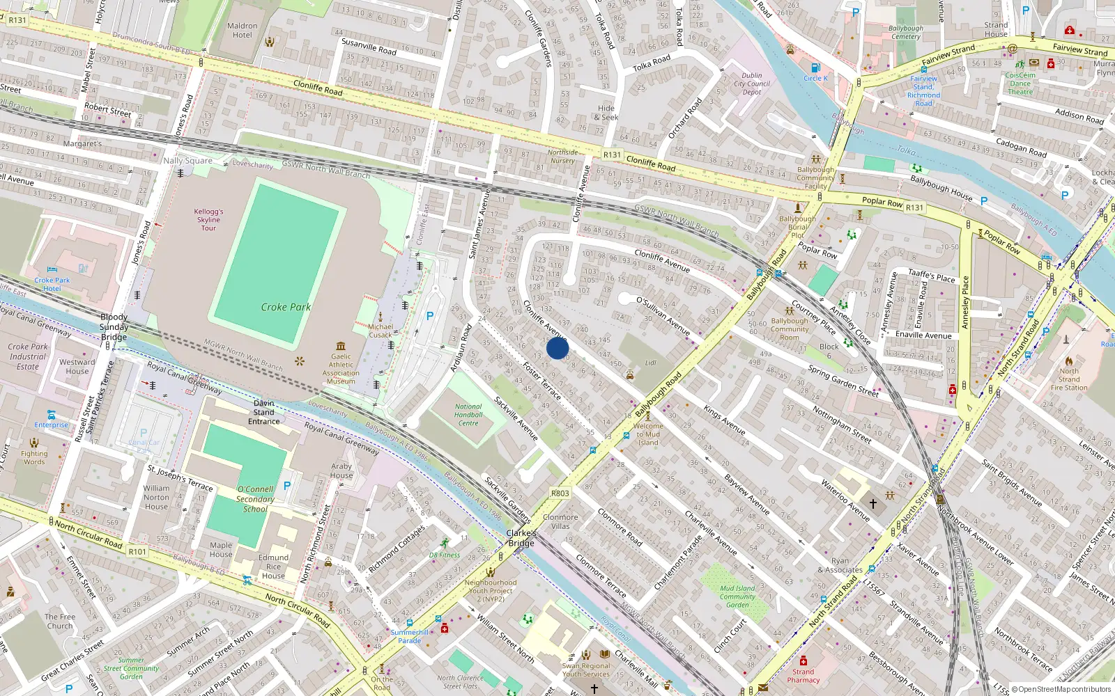 Overhead map showing the location of 11 Clonliffe Avenue, Ballybough, Dublin 3