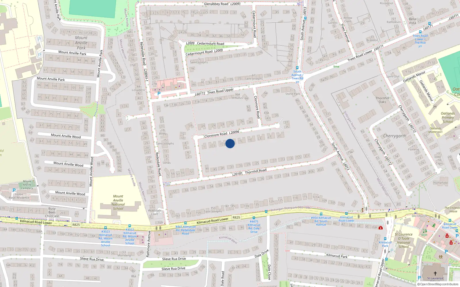 Overhead map showing the location of 11 Clonmore Road, Blackrock