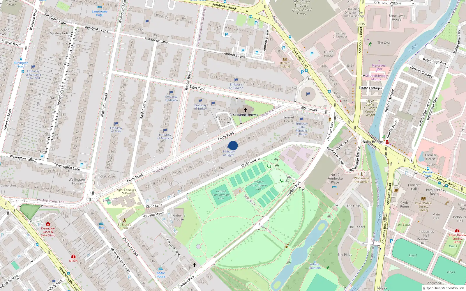 Overhead map showing the location of 11 Clyde Road, Dublin 4