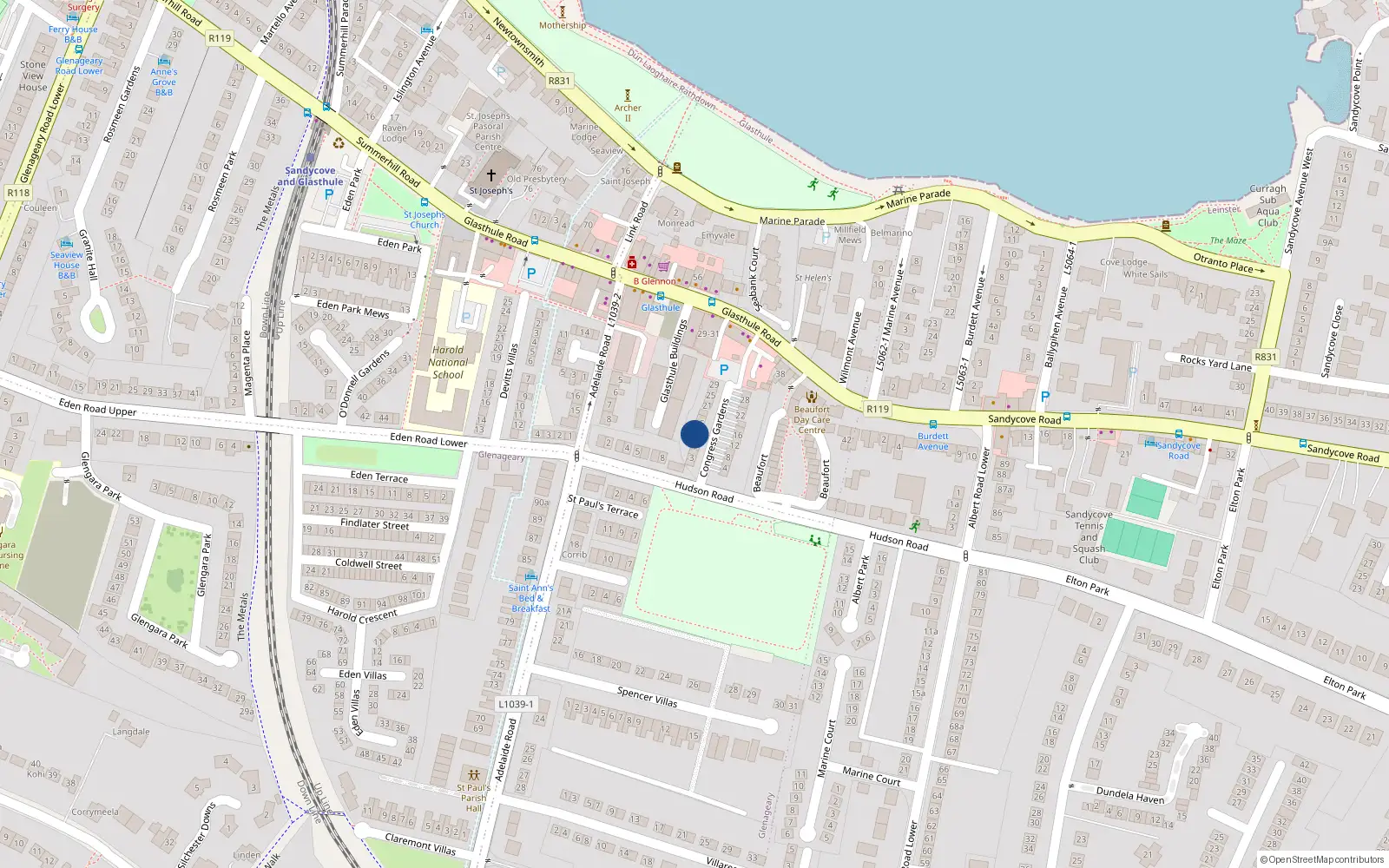 Overhead map showing the location of 11 Congress Gardens, Glasthule, Co Dublin