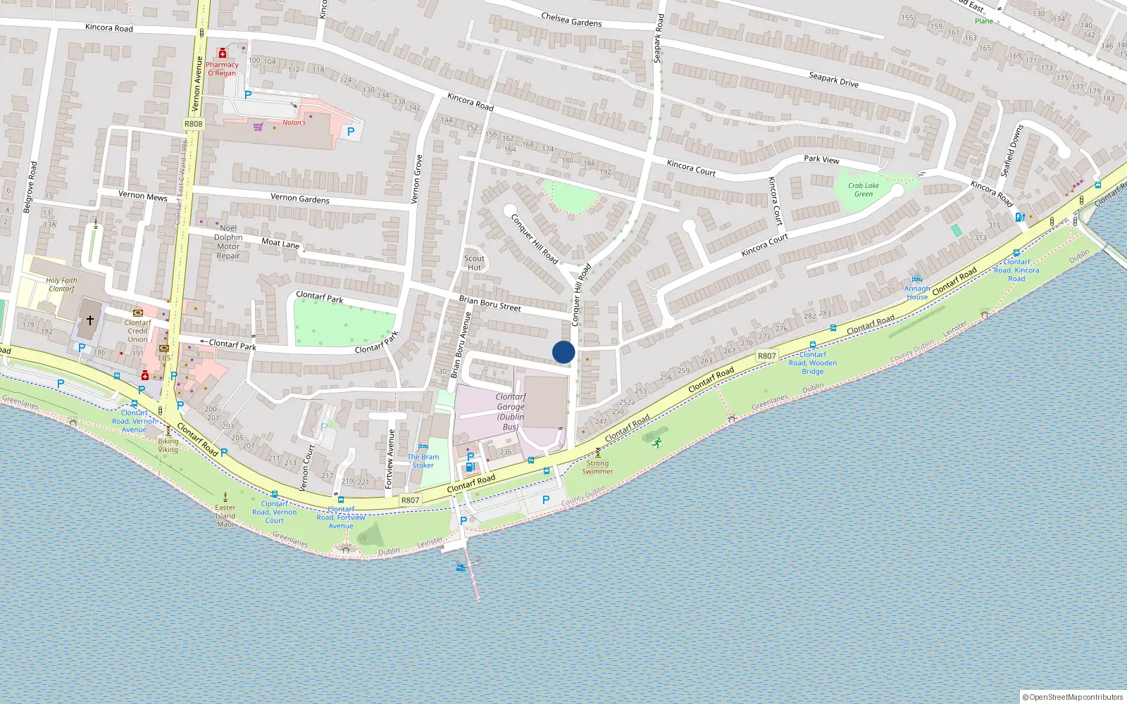 Overhead map showing the location of 11 Conquer Hill Road, Clontarf, Dublin 3