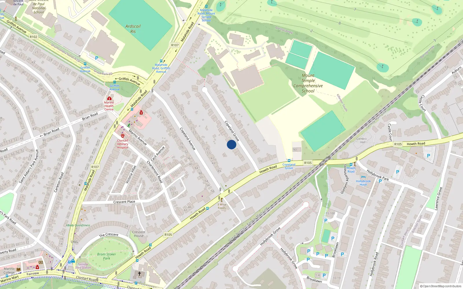 Overhead map showing the location of 11 Copeland Grove, Dublin 3