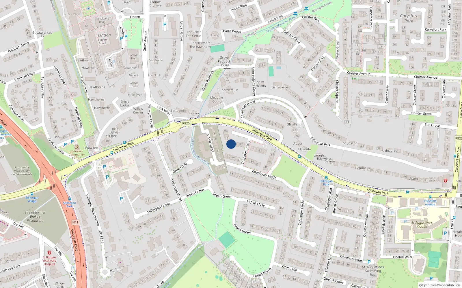 Overhead map showing the location of 11 Coppinger Close, Blackrock, Dublin