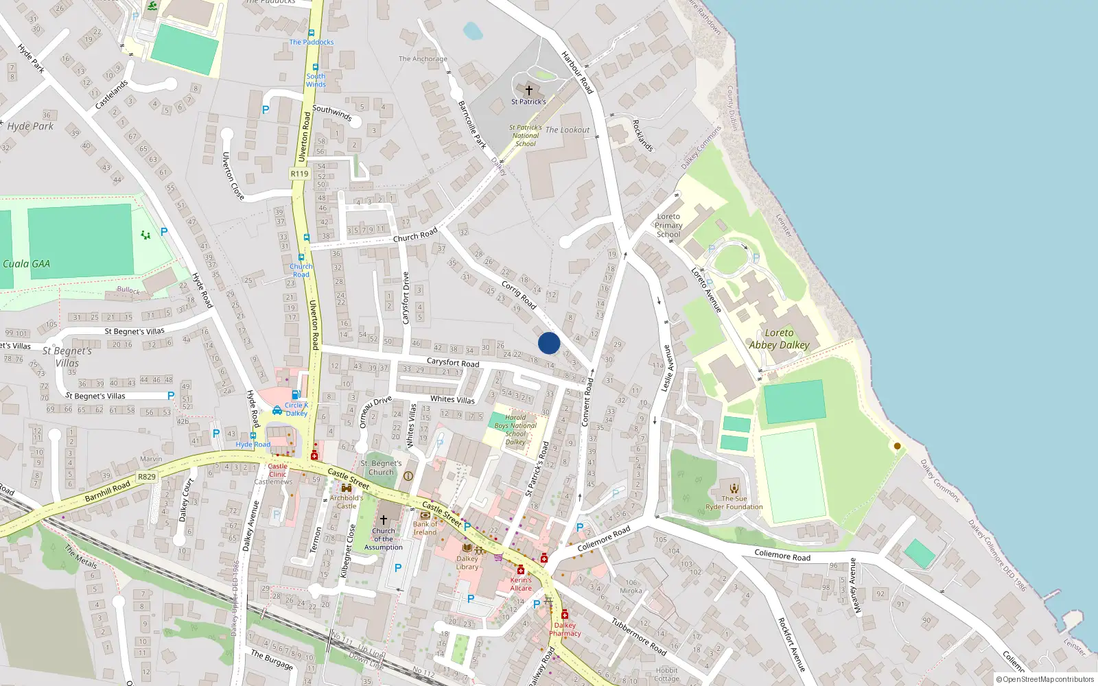 Overhead map showing the location of 11 Corrig Road, Dalkey