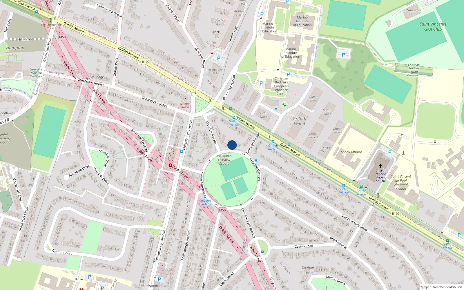 Overhead map showing the location of 11 Croydon Gardens, Dublin 3