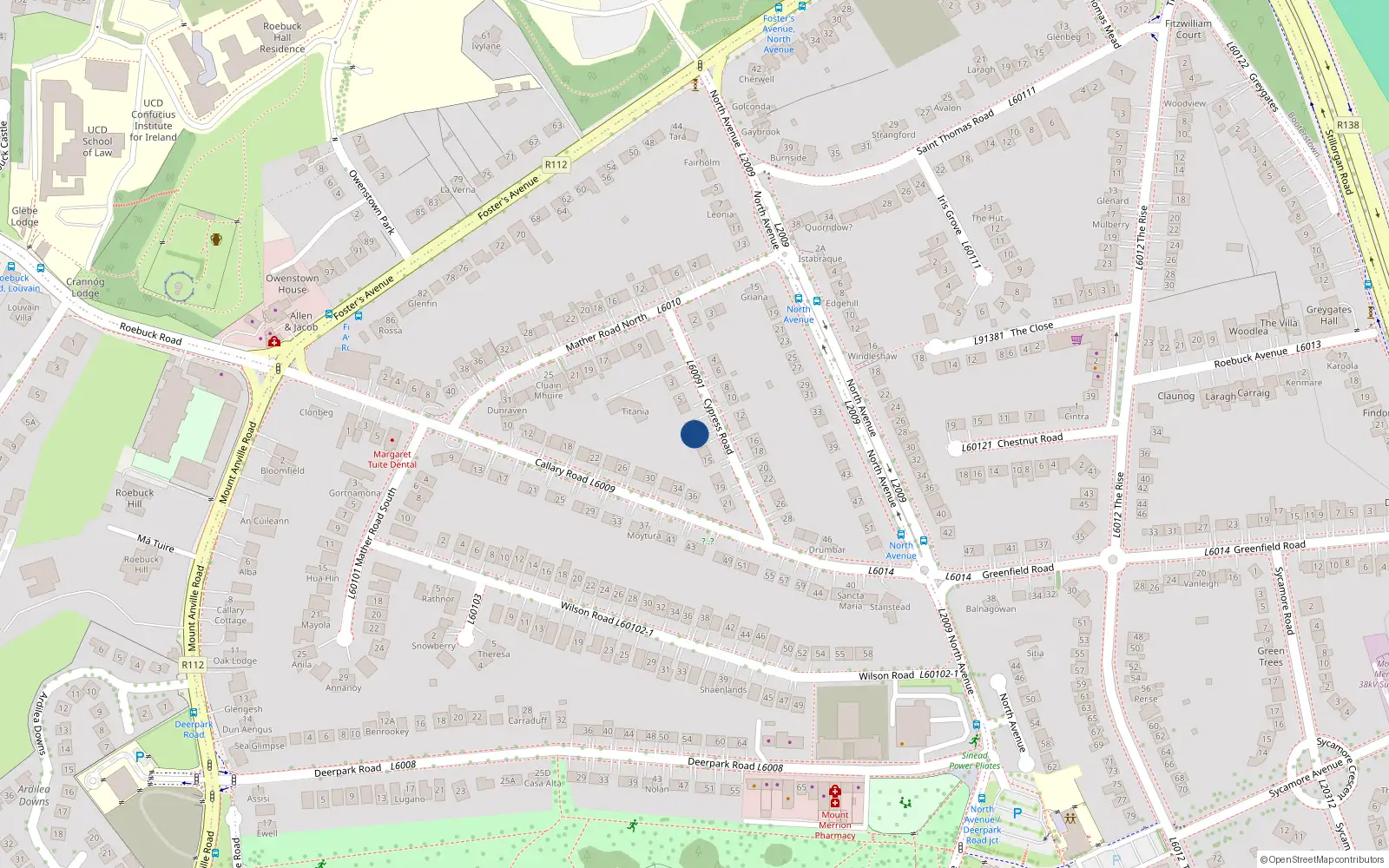 Overhead map showing the location of 11 Cypress Road, Mount Merrion, Dublin