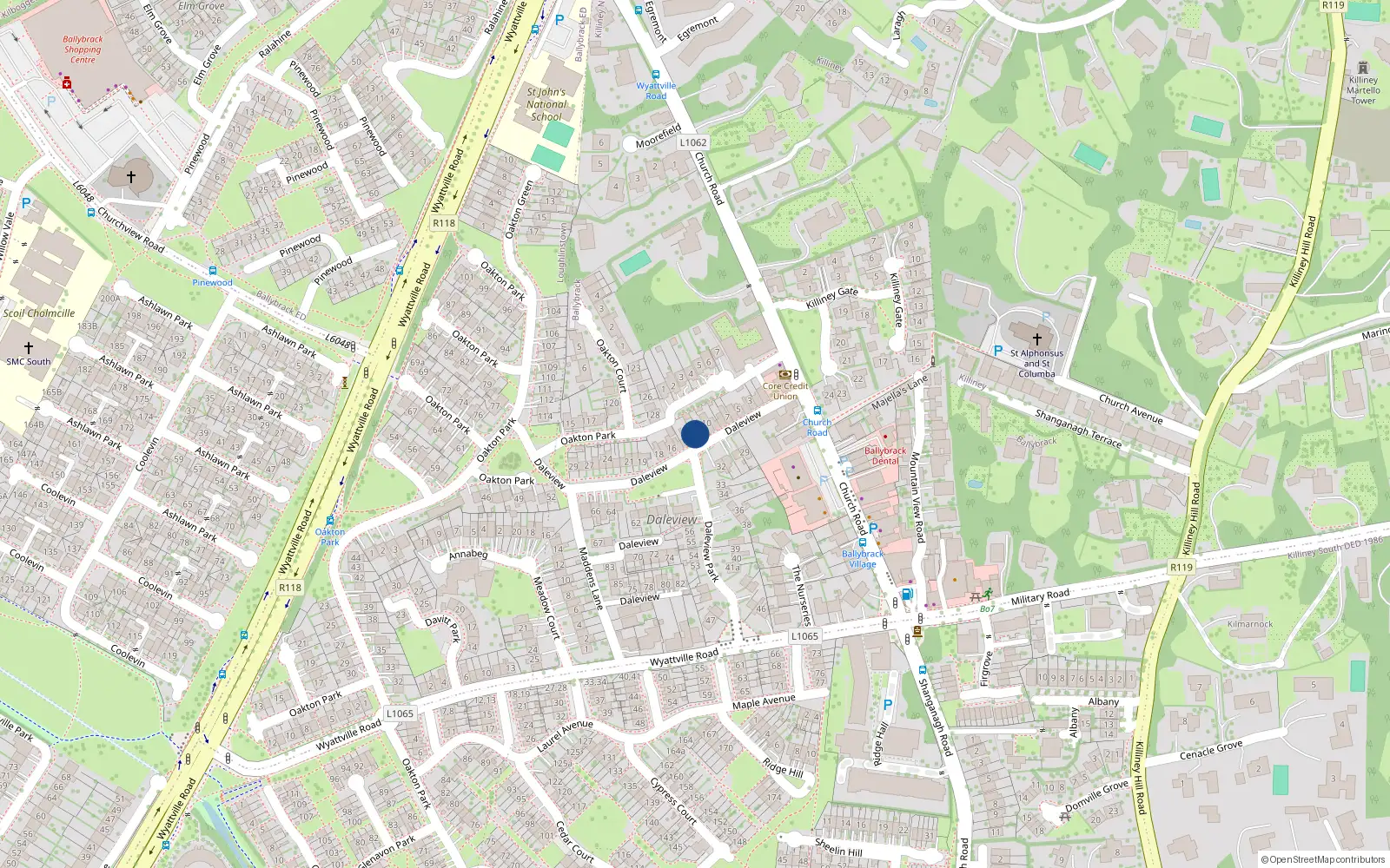 Overhead map showing the location of 11 Dale View, Ballybrack