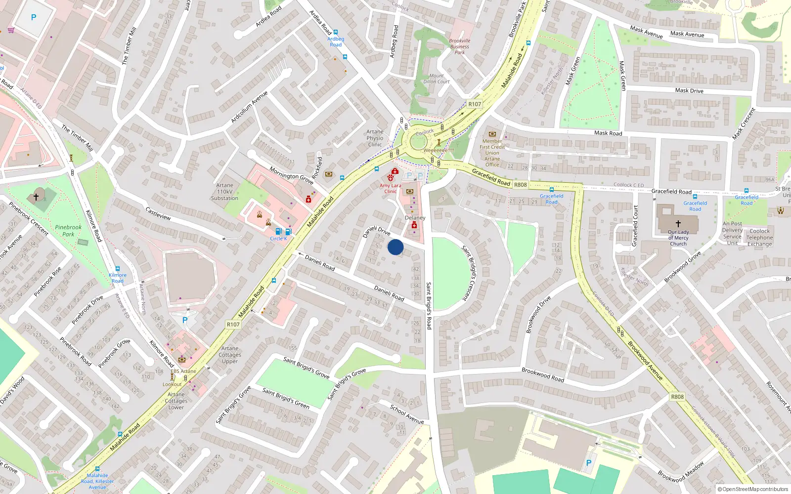 Overhead map showing the location of 11 Danielli Drive, Artane, Dublin