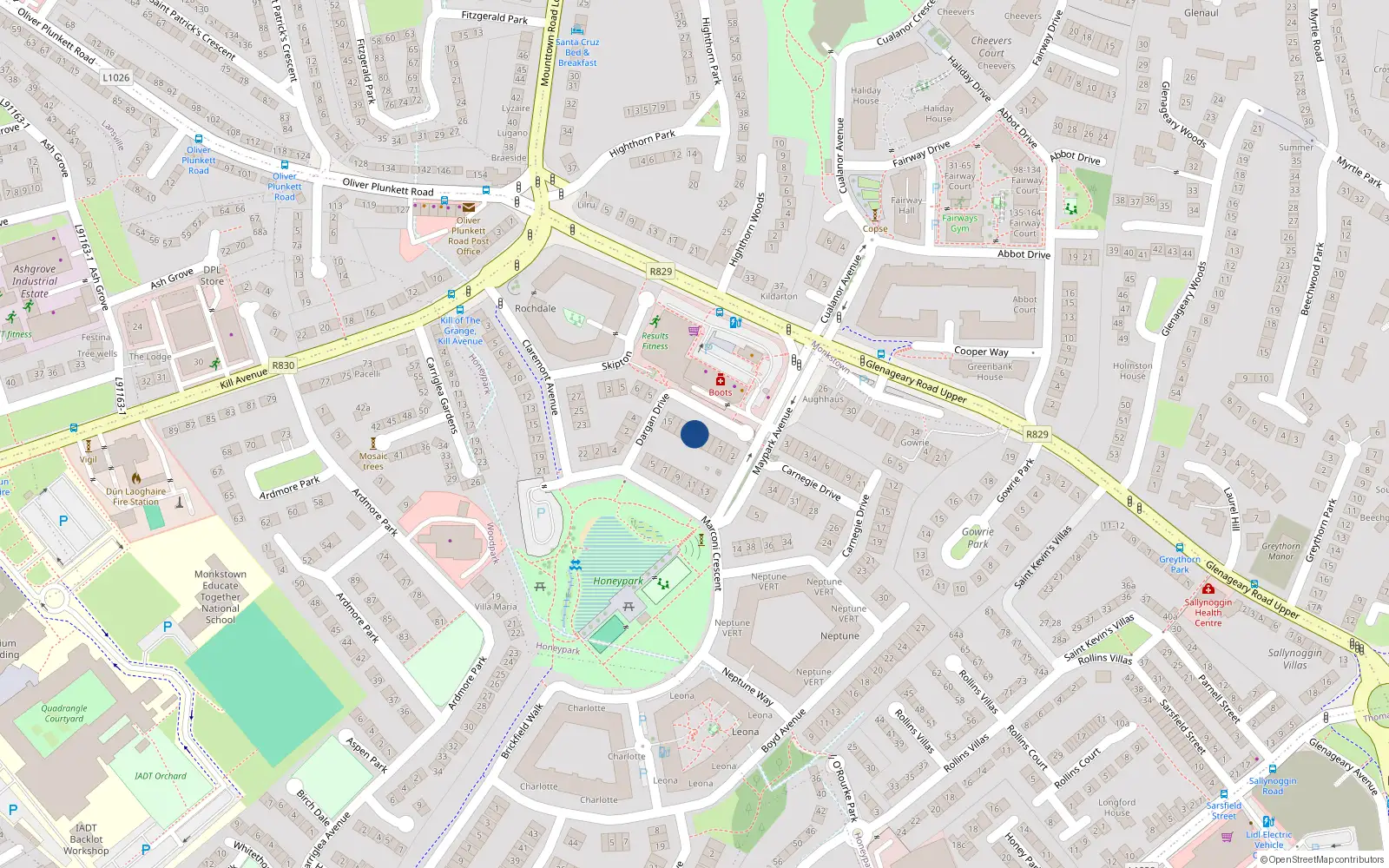 Overhead map showing the location of 11 Dargan Drive, Dun Laoghaire
