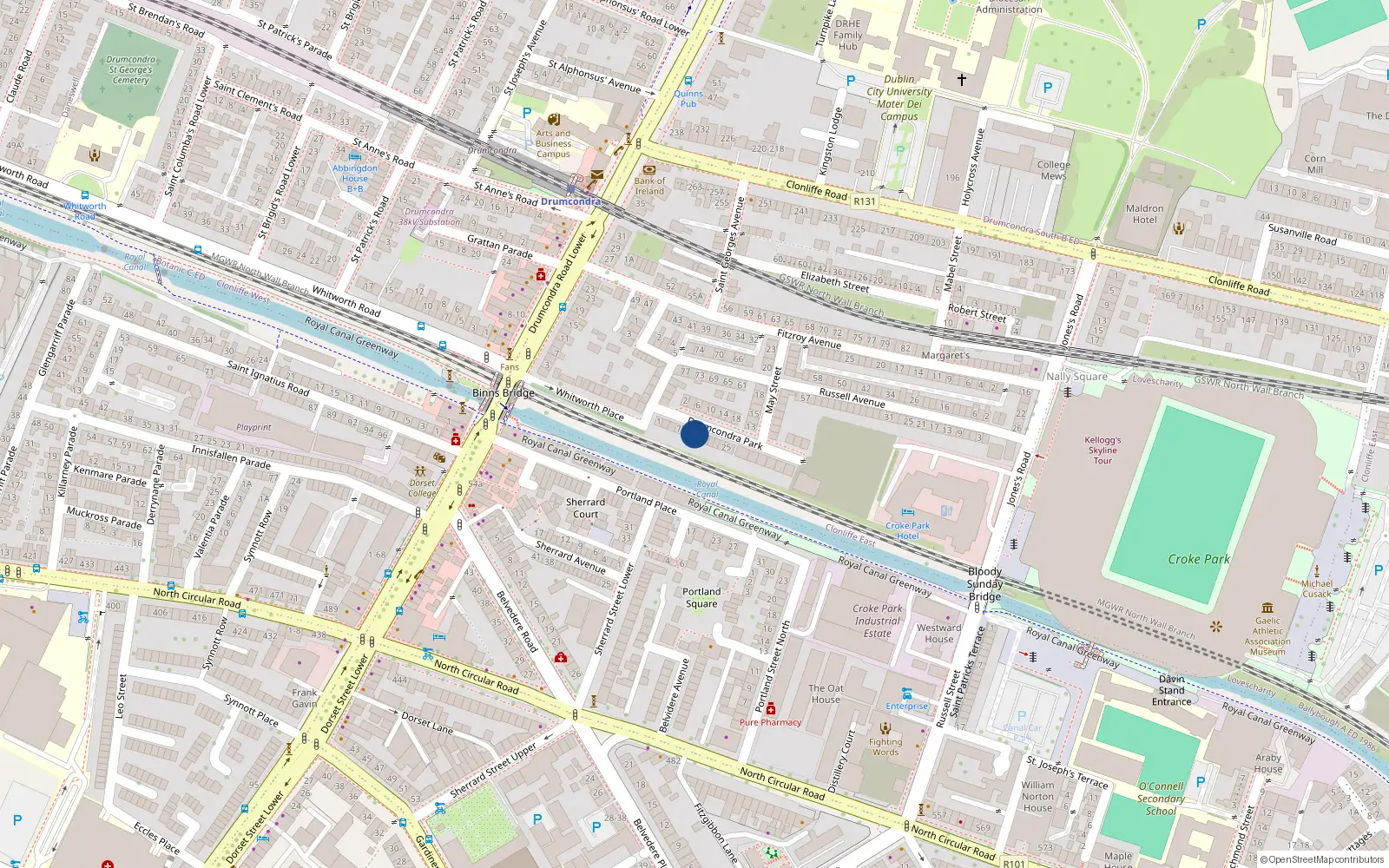 Overhead map showing the location of 11 Drumcondra Park, Drumcondra, Dublin 3