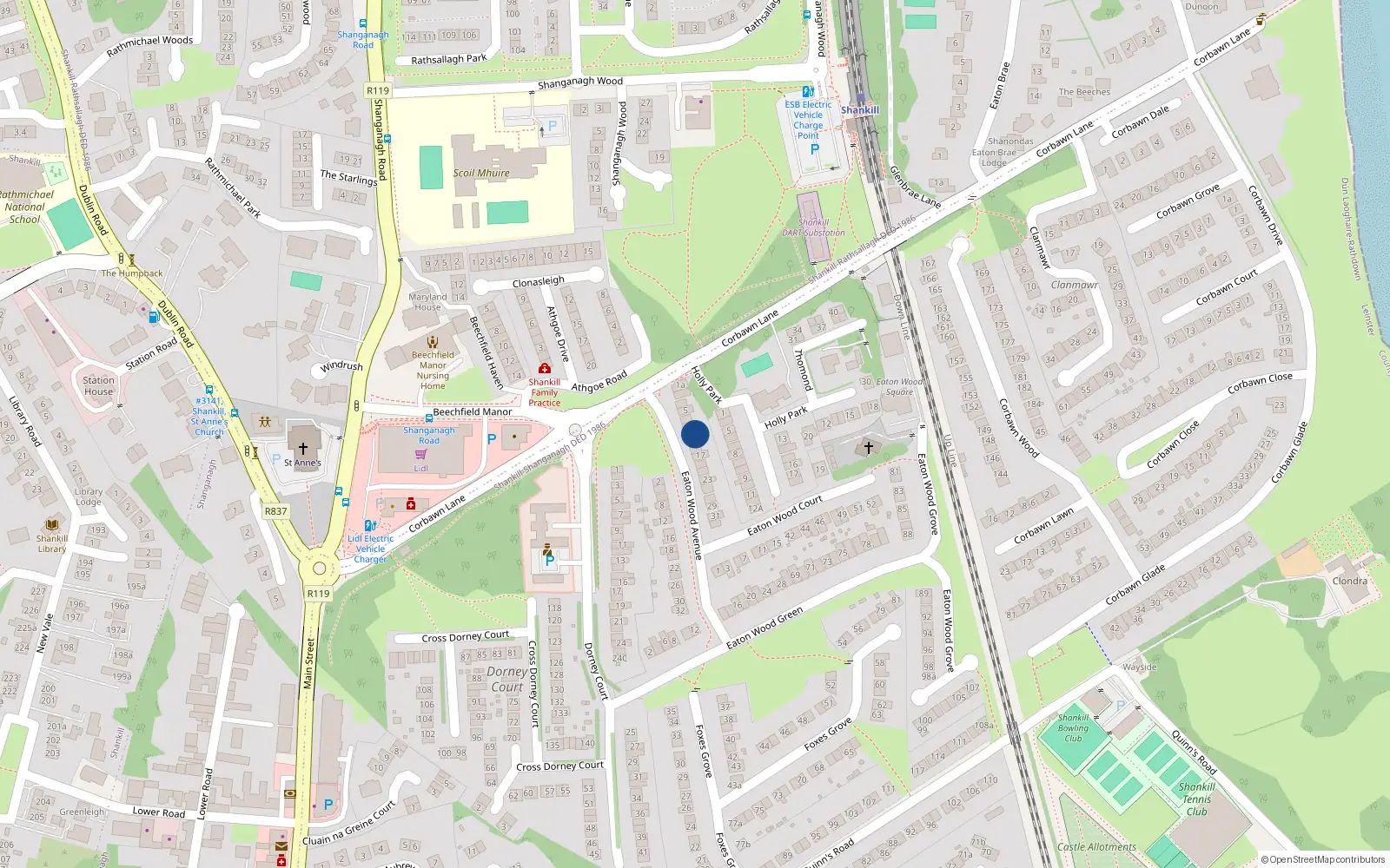 Overhead map showing the location of 11 Eaton Wood Avenue, Shankill
