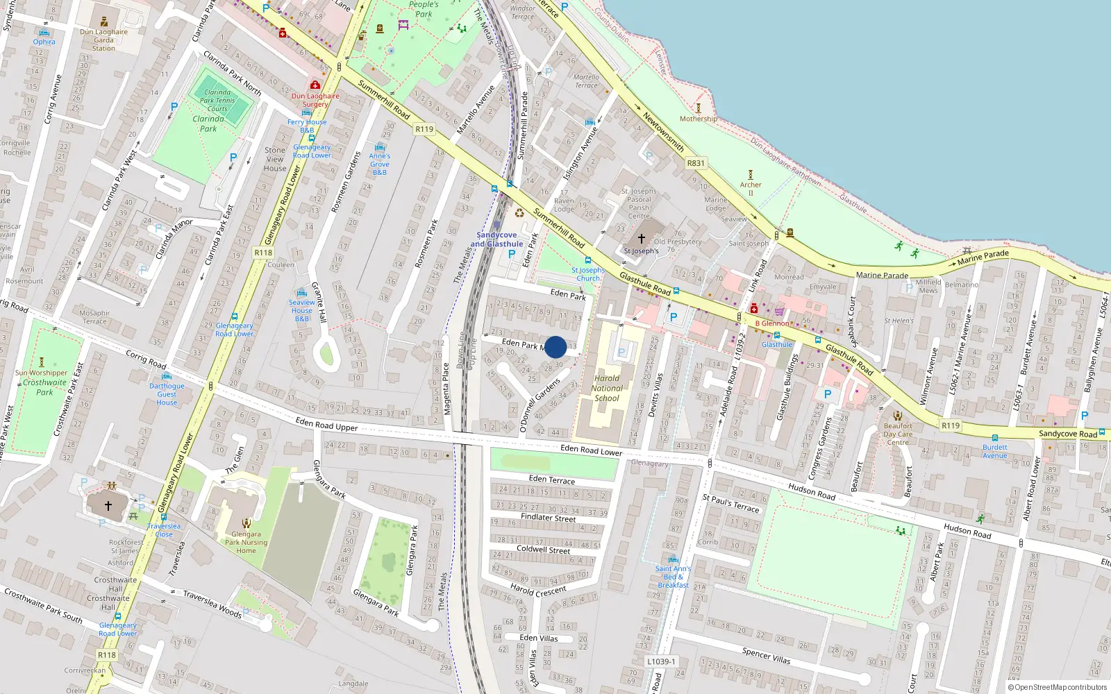 Overhead map showing the location of 11 Eden Park, Dun Laoghaire