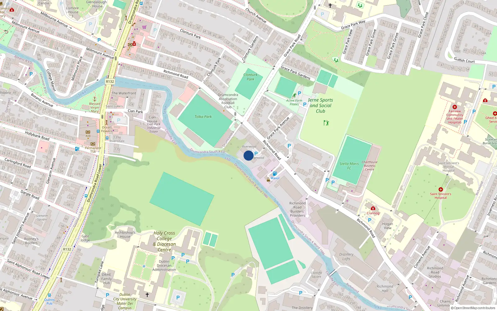 Overhead map showing the location of 11 Edgewood, Richmond Road, Fairview Dublin 3