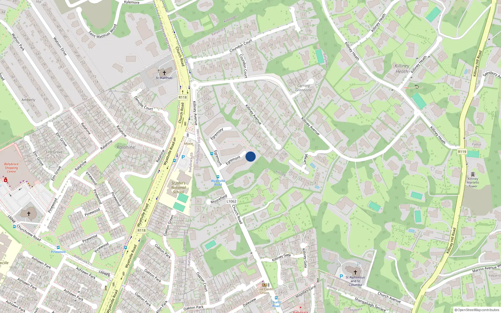 Overhead map showing the location of 11 Egremont, Church Road, Killiney