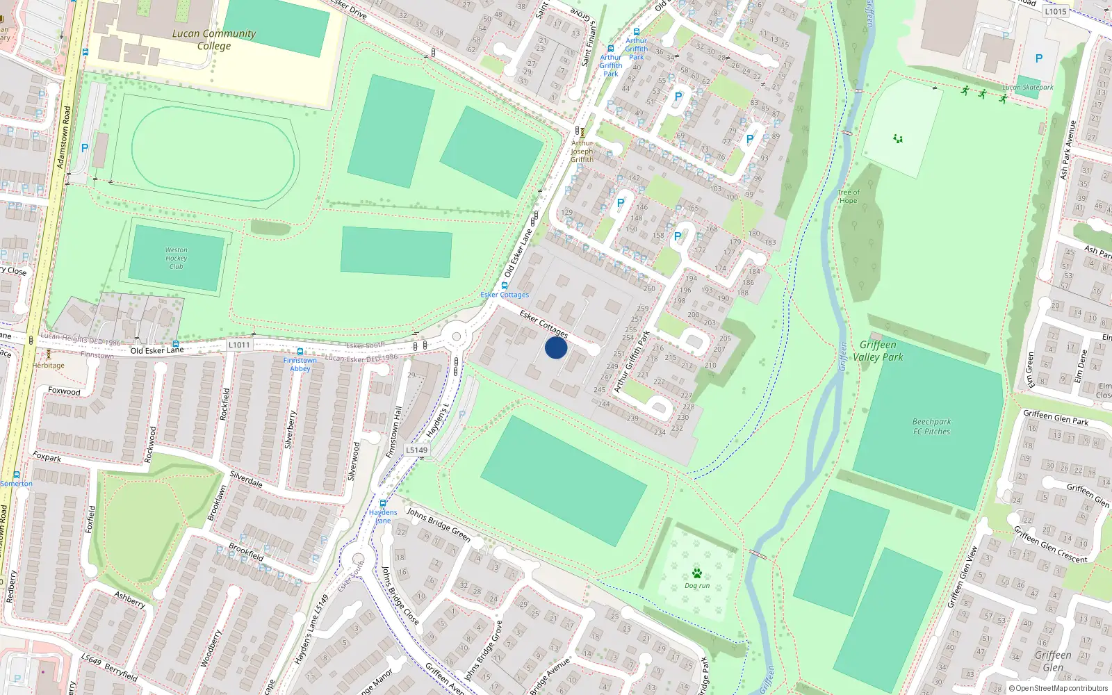 Overhead map showing the location of 11 Esker Cottages, Lucan, Dublin