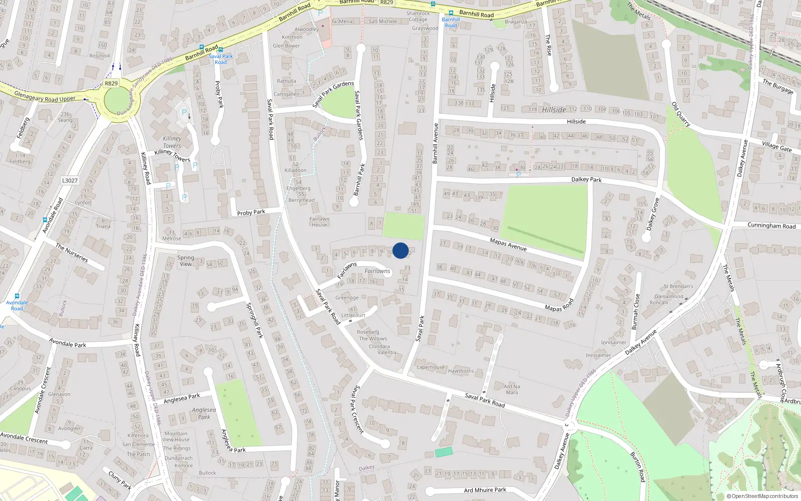 Overhead map showing the location of 11 Fairlawns, Saval Park Road, Dalkey