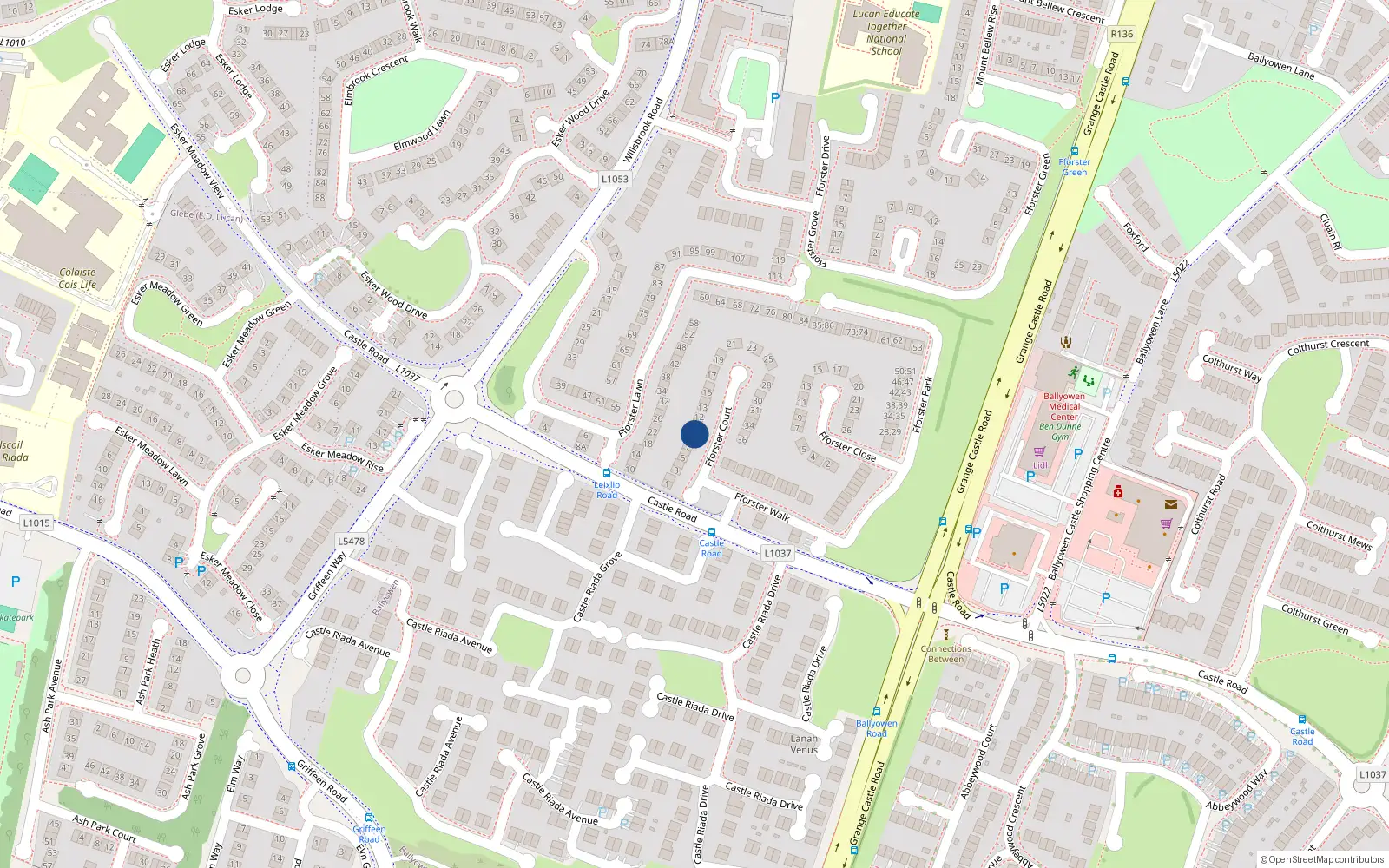 Overhead map showing the location of 11 Fforester Court, Lucan, Dublin