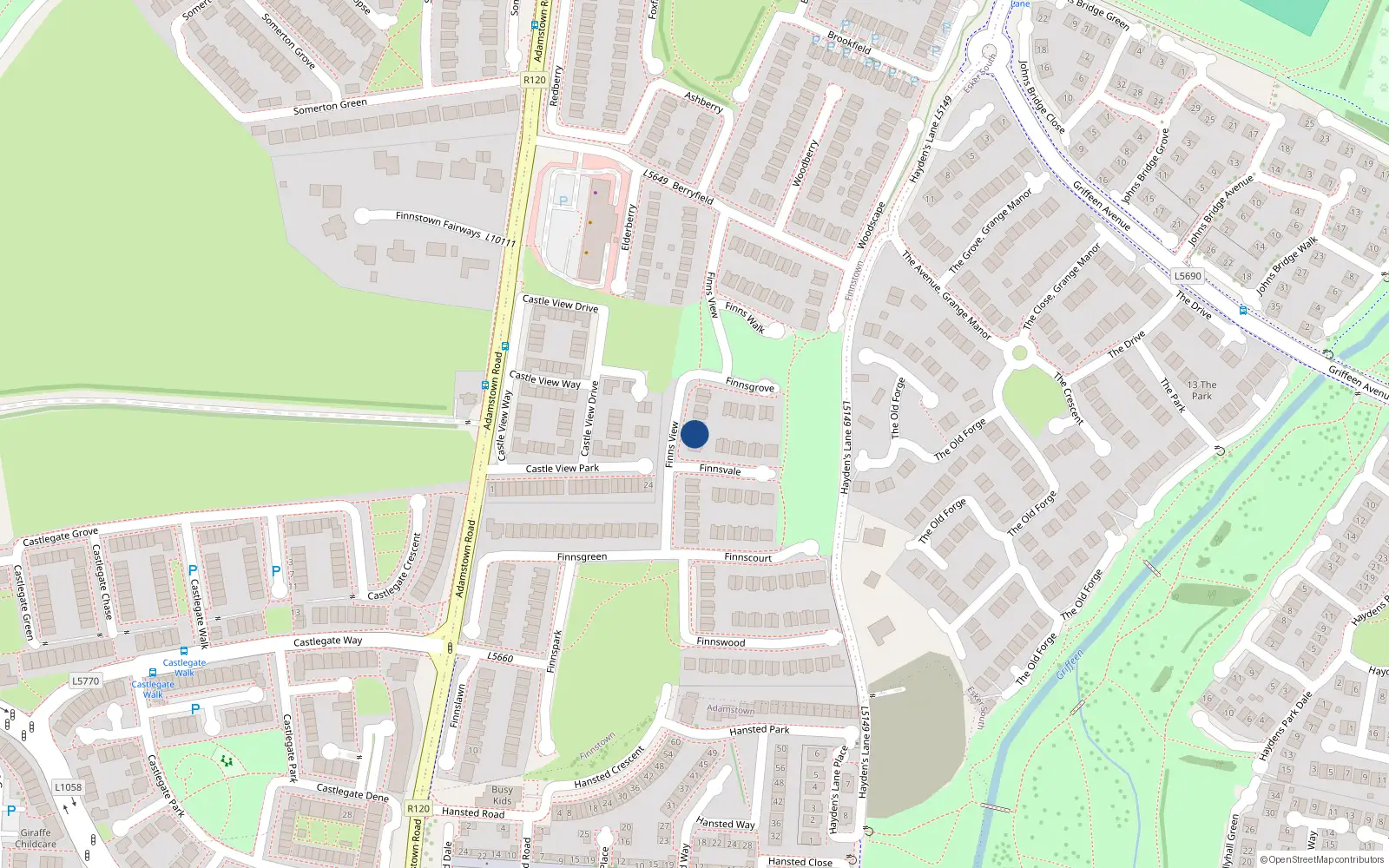 Overhead map showing the location of 11 Finnsview, Finnstown Cloisters, Lucan