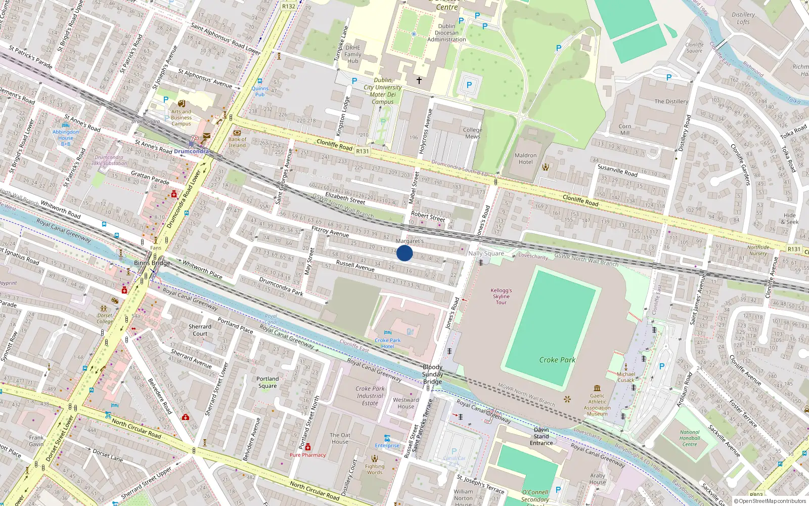 Overhead map showing the location of 11 Fitzroy Avenue, Drumcondra, Dublin 3