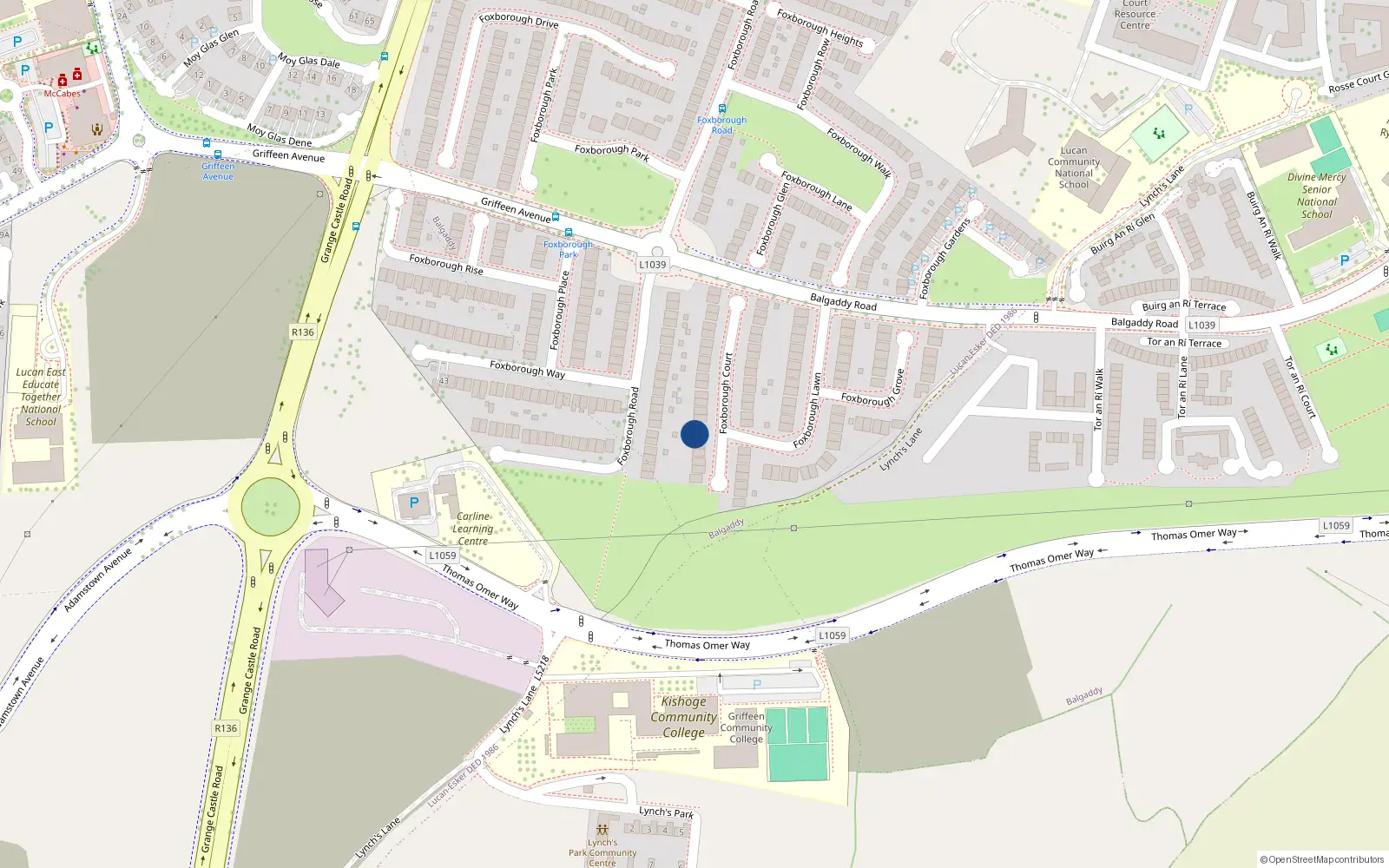 Overhead map showing the location of 11 Foxborough Court, Lucan South, Lucan