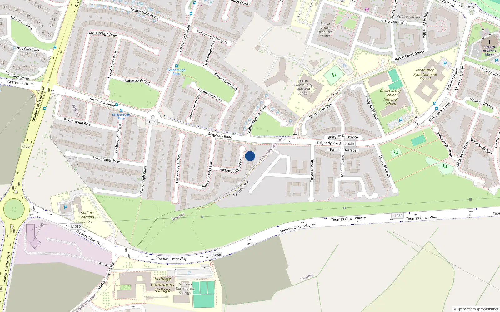 Overhead map showing the location of 11 Foxborough Grove, Lucan, Dublin