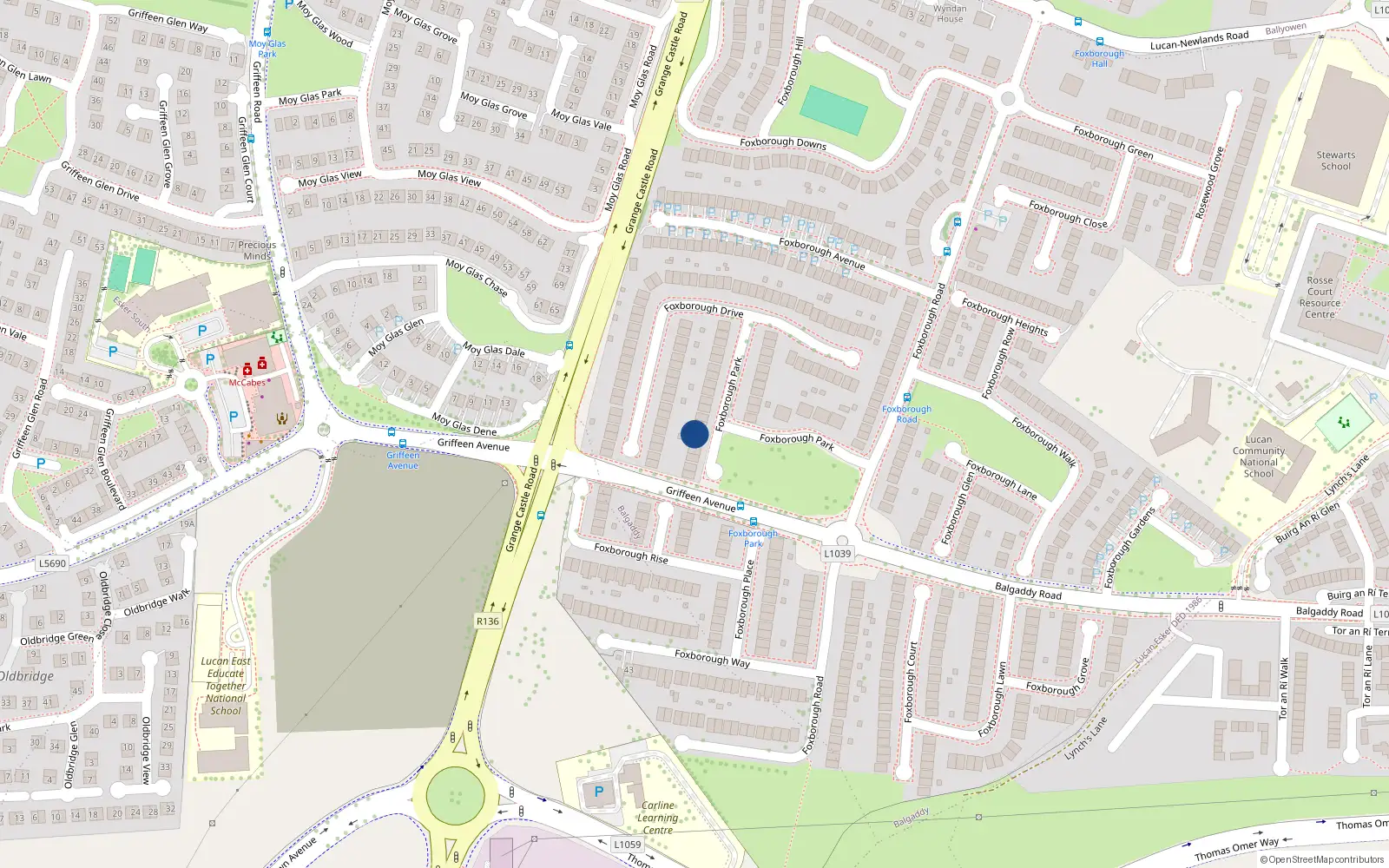 Overhead map showing the location of 11 Foxborough Park, Lucan